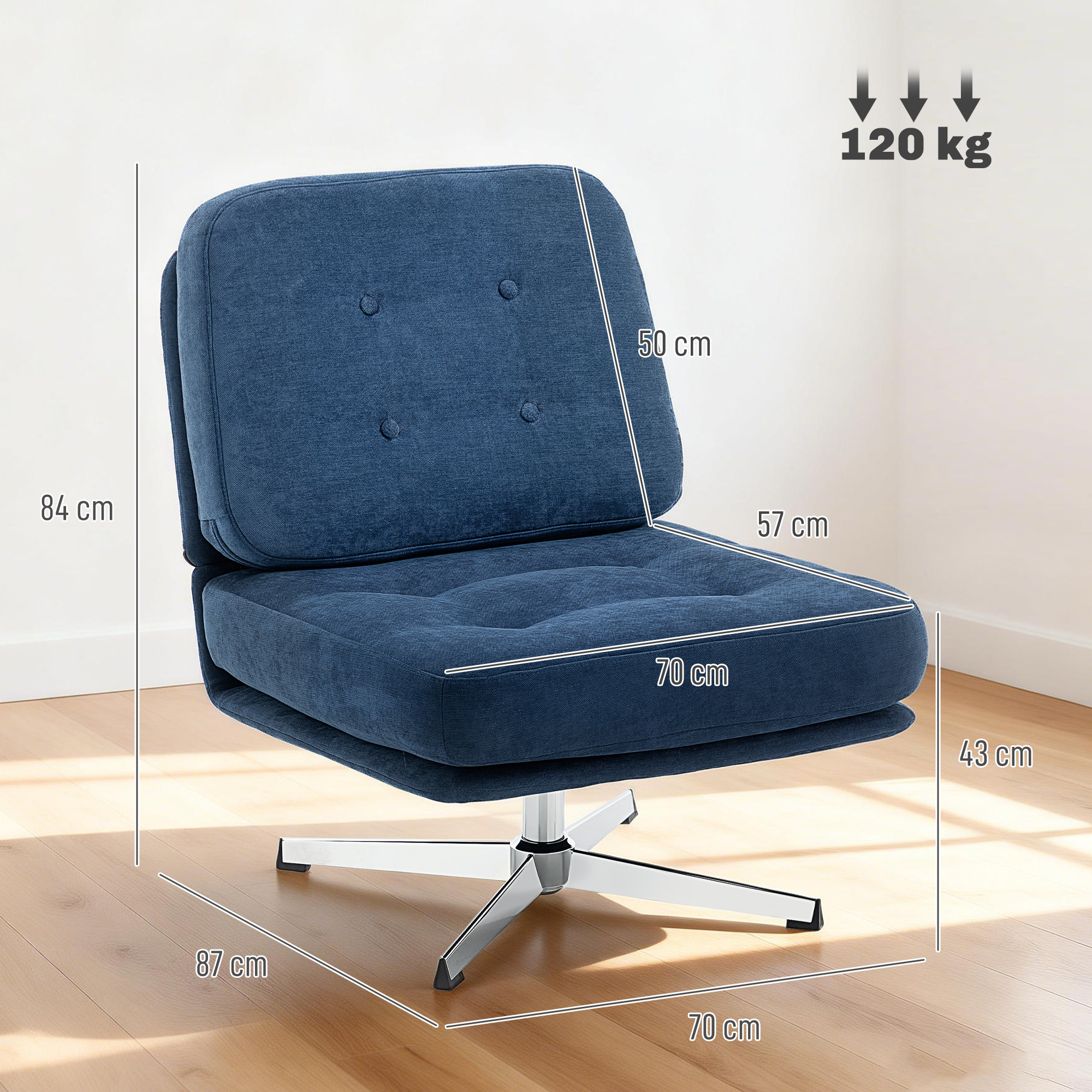 Drehbarer Akzentstuhl, gepolsterter Lesesessel mit Chenille, breitem Sitz, Federkissen und Metallbeinen, Dunkelblau