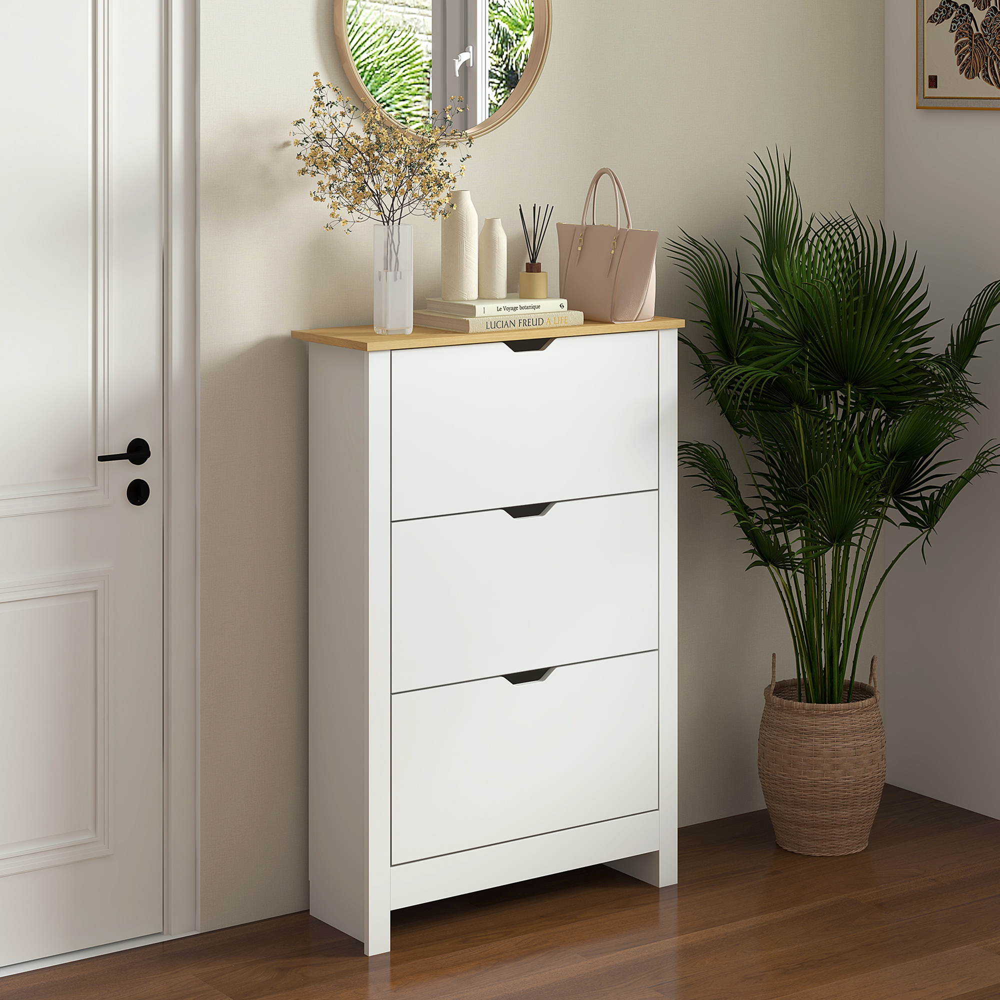 Schuhschrank Schruhregal Schuhaufbewahrung, 3 Fächer, 18 Paar Schuhe,  72 cm x 26 cm x 112 cm, Weiß + Braun