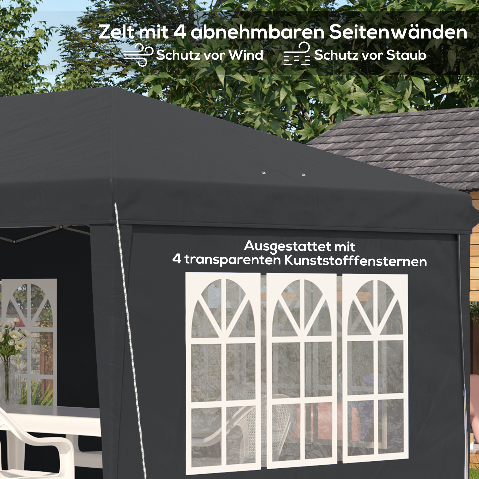 Pavillon ca. 3x6m Wasserdicht Pop-up Faltpavillon mit 4 Seitenwänden, Fenster UV-Schutz Tragetasche Schwarz