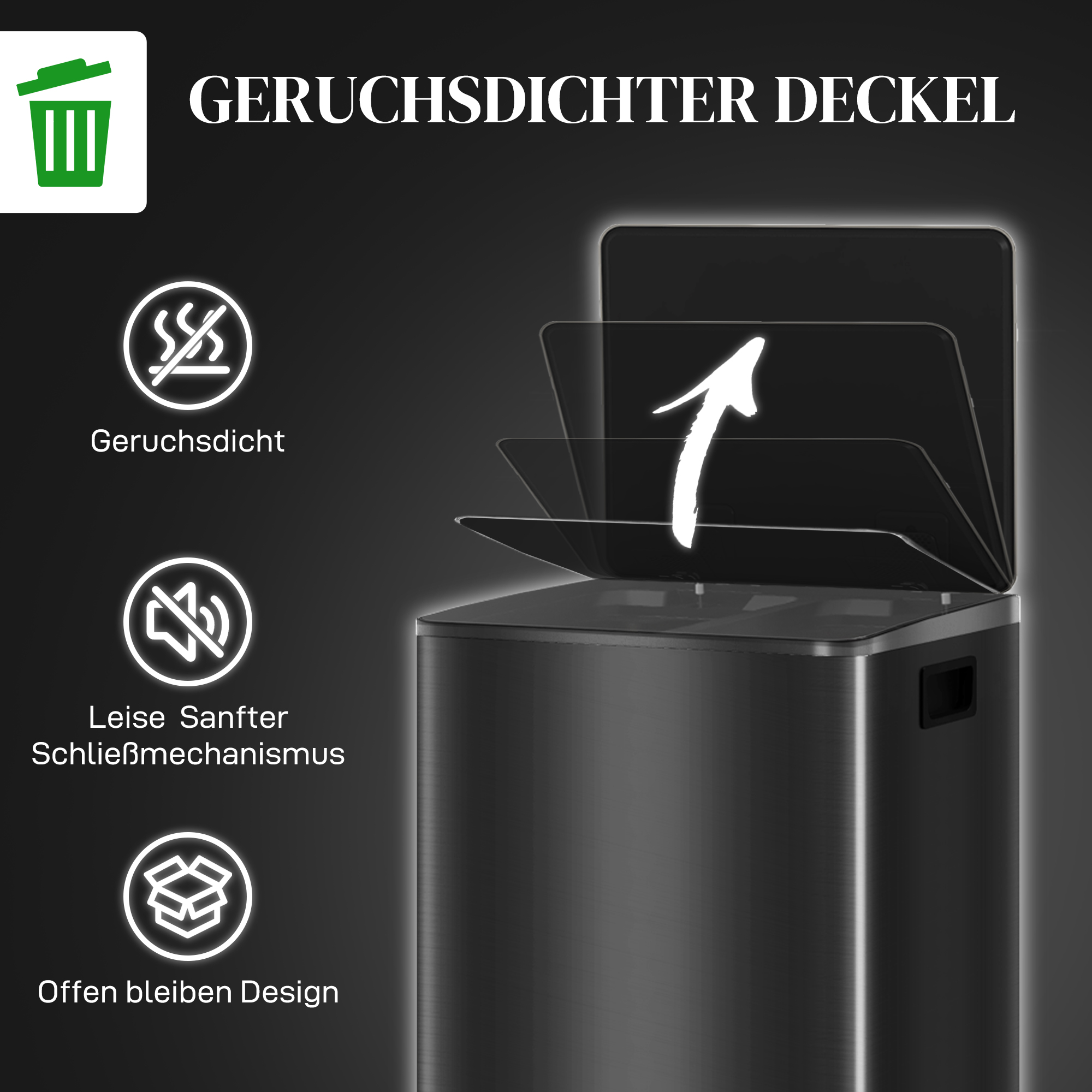 Mülleimer mit 2x30L Fächern, Soft-Close-Deckel, Fingerabdrucksicher, Edelstahl, Schwarz