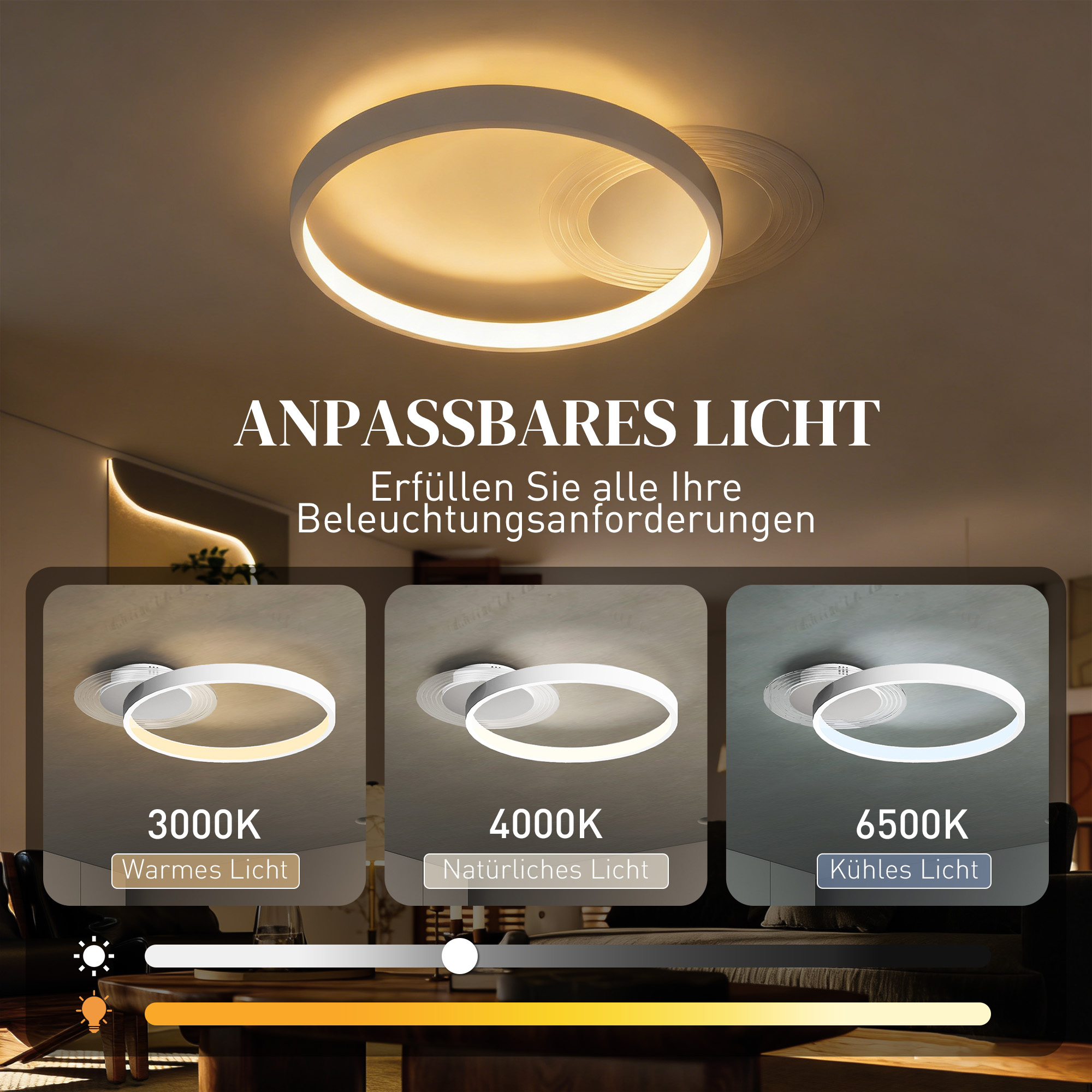 Deckenlampe, Deckenleuchte mit Zwei-Ring-Design, Rund 50 x 40 x 7,4 cm, Weiß