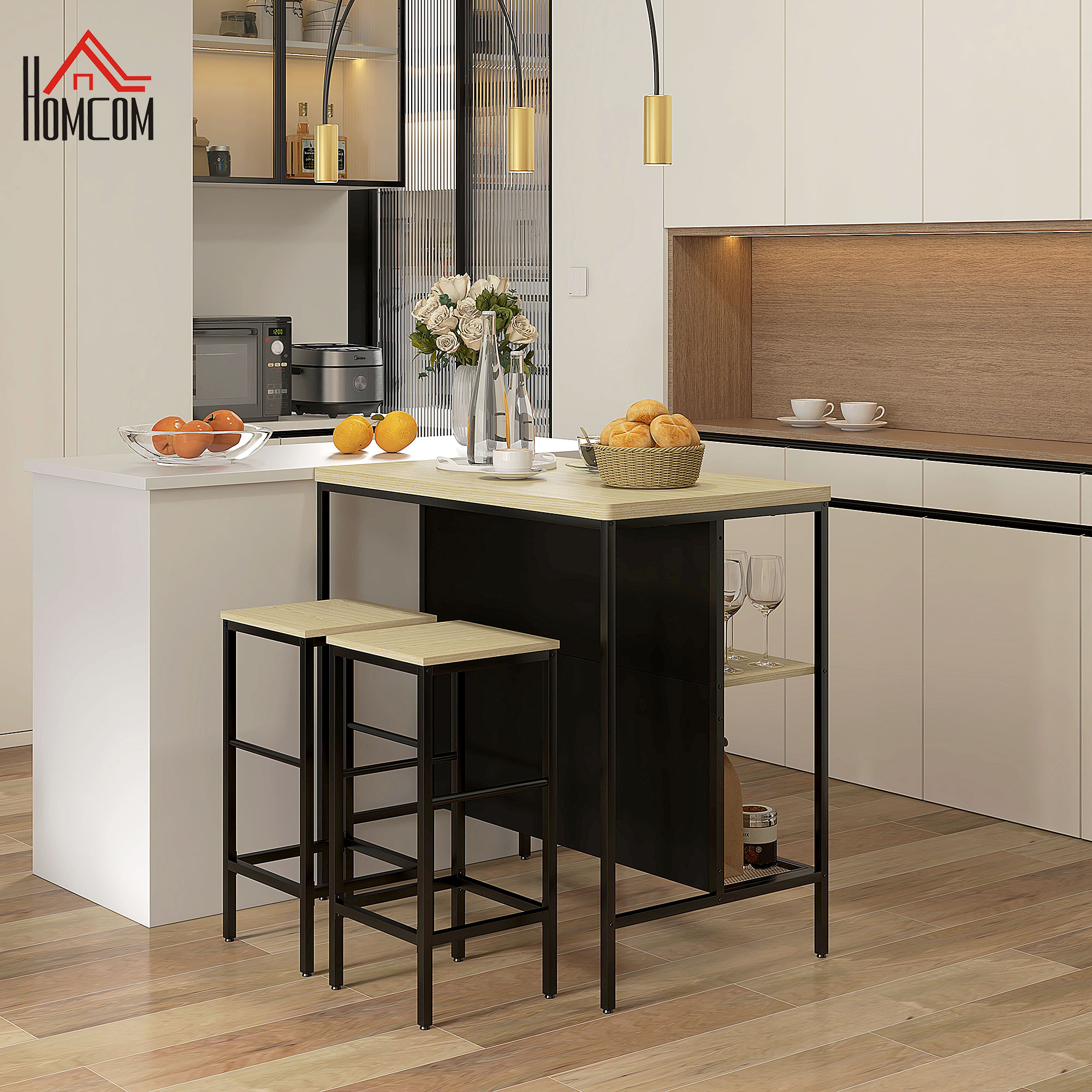 Bar-Set, 2 Barstühle & 1 Bartisch, fleckenresistent, stabil, Stahlrahmen, Schwarz/Eiche