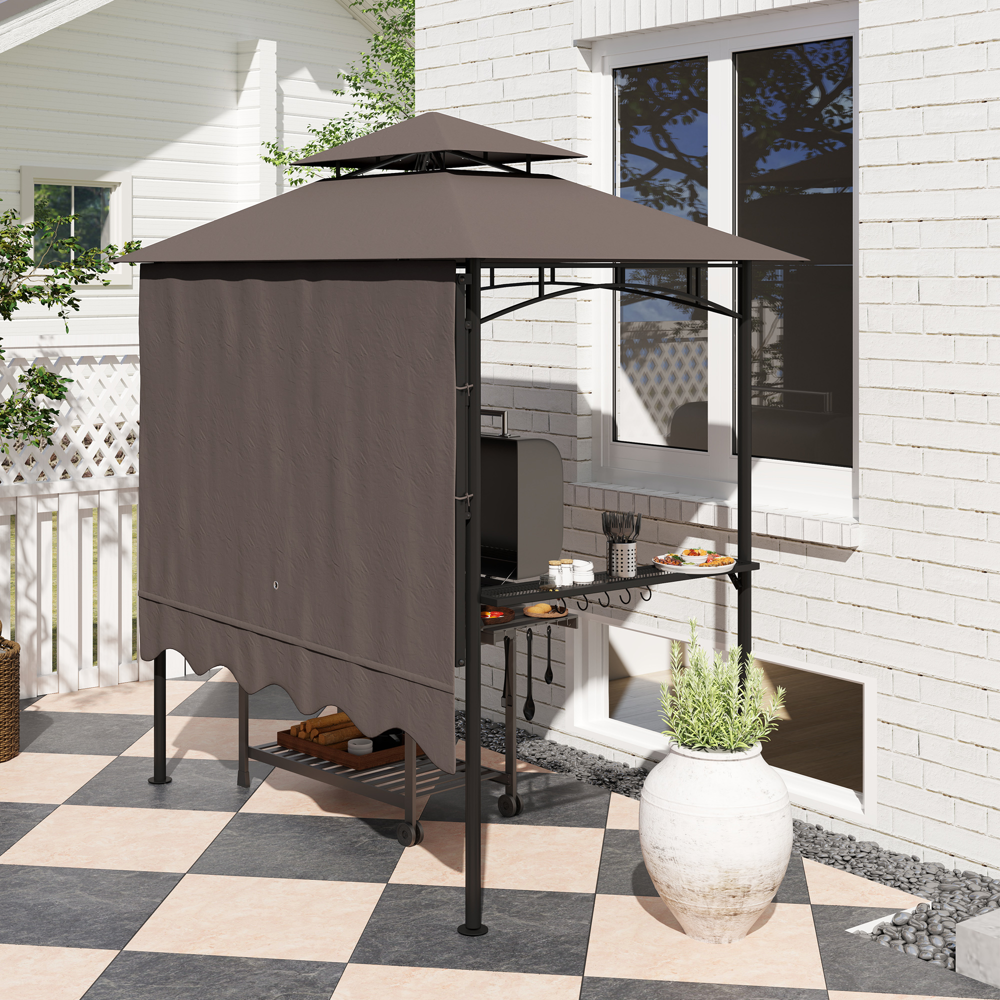 Grillpavillon 242x232x248 cm wasserabweisend flammhemmend Gartenpavillon mit Doppelschichtdach Kaffee