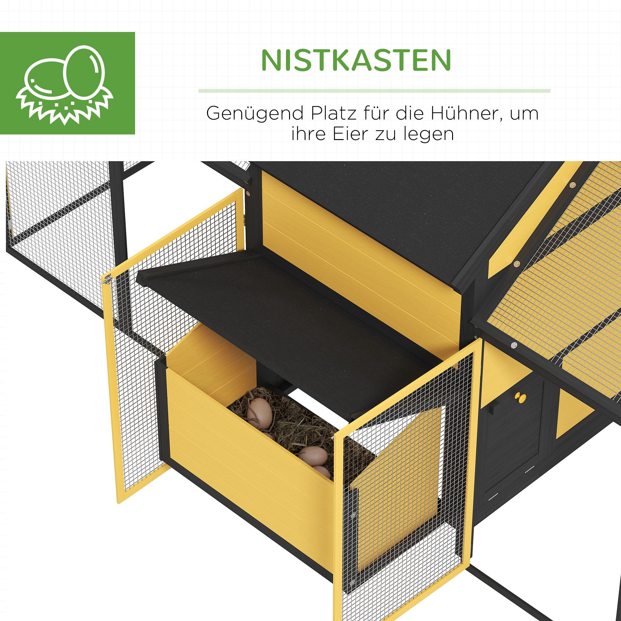 Hühnerstall Kleintierstall 2 Außengehege, 1 Nistkasten, 2 Rampen,Asphaltdach, wetterbeständig, Gelb