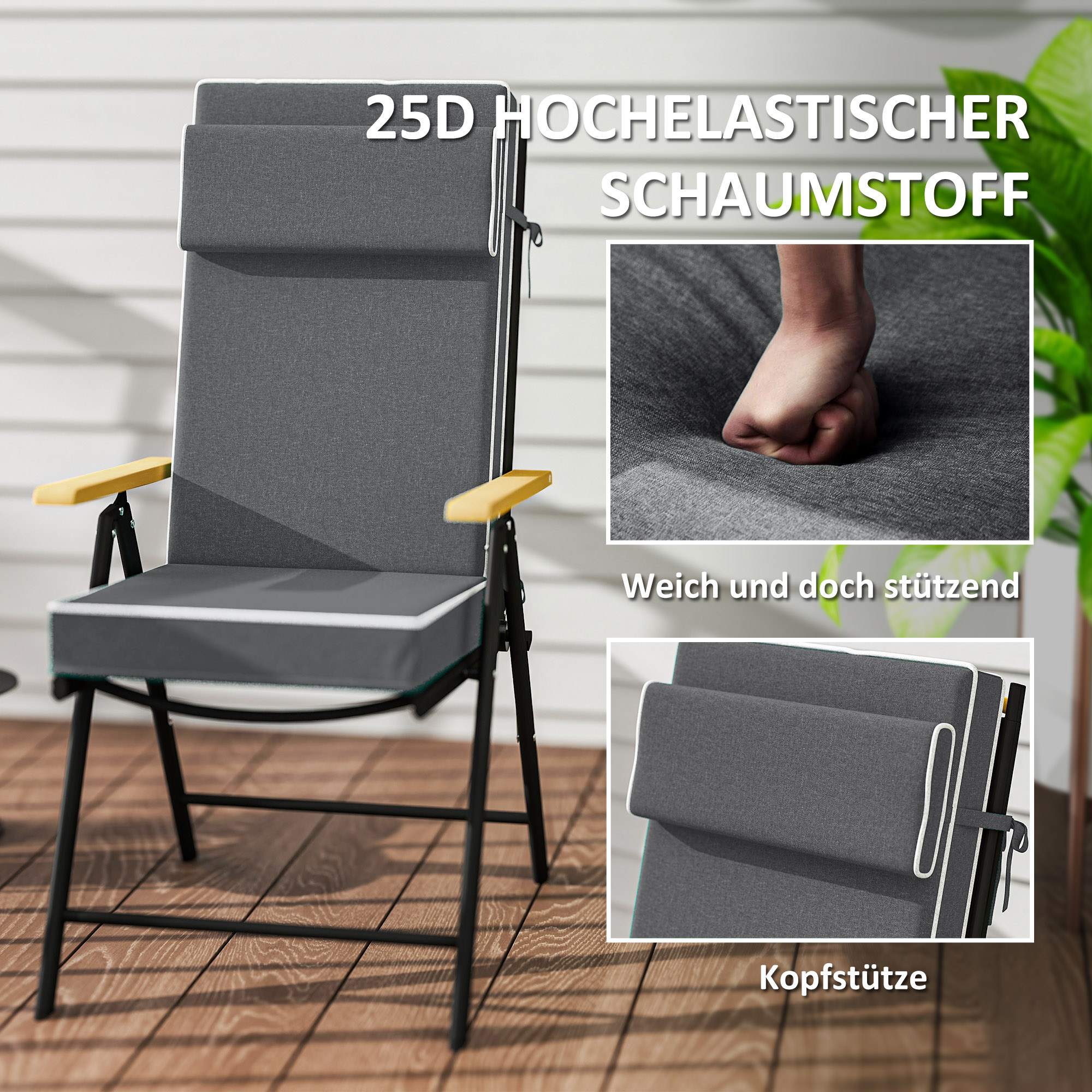 Sitzkissen 120 x 47 x 9,5 cm wasserabweisend Stuhlkissen mit Bändern, Kopfstütze, UPF50+ Dunkelgrau