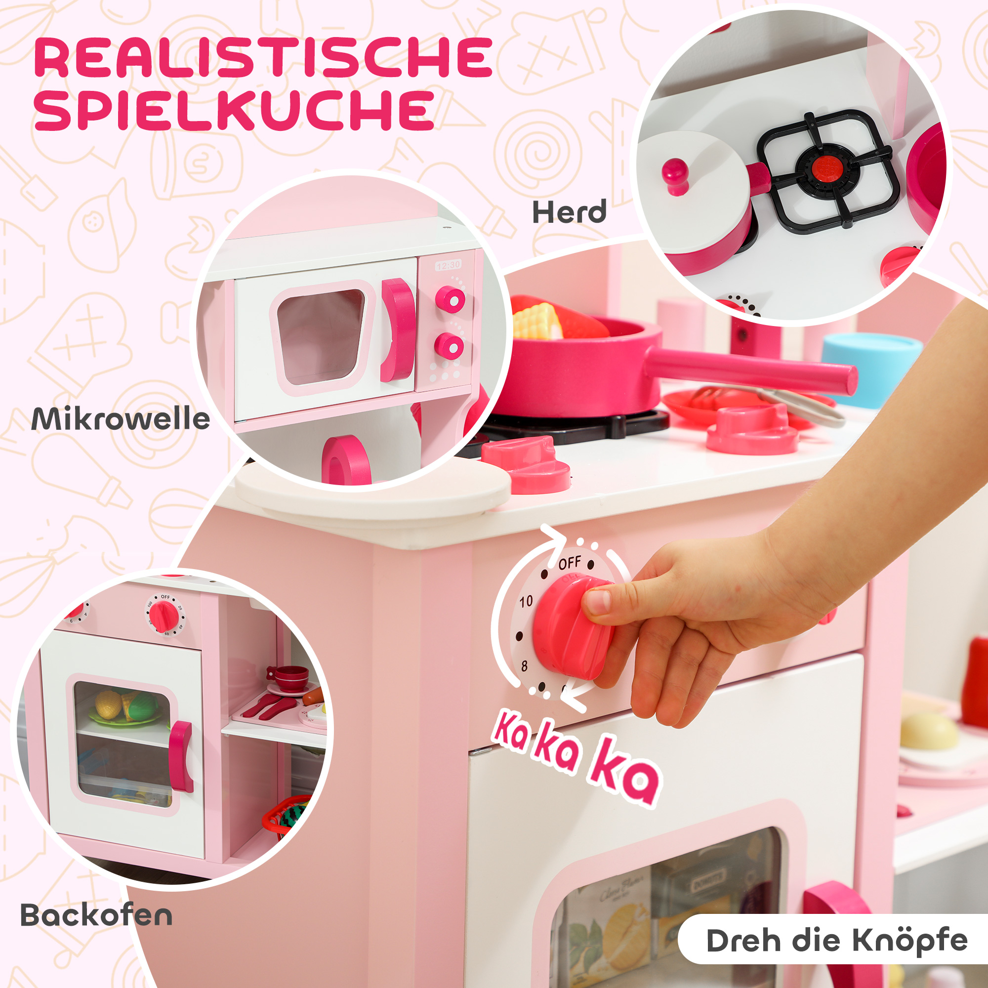 Kinderküche zum Spielen, Zubehör aus Holz, Küchengeräte, kompakt, Geräusche, Rosa