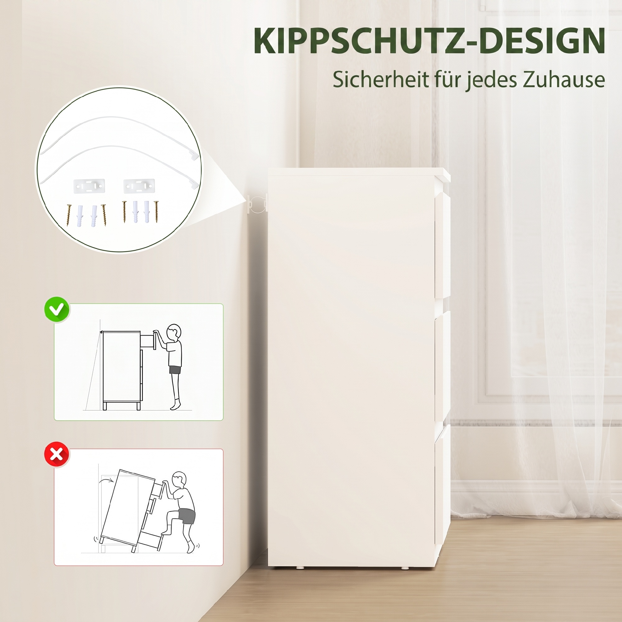 Kommode mit 3 Schubladen, Moderne Aufbewahrungsmöbel für das Schlafzimmer, Weiß