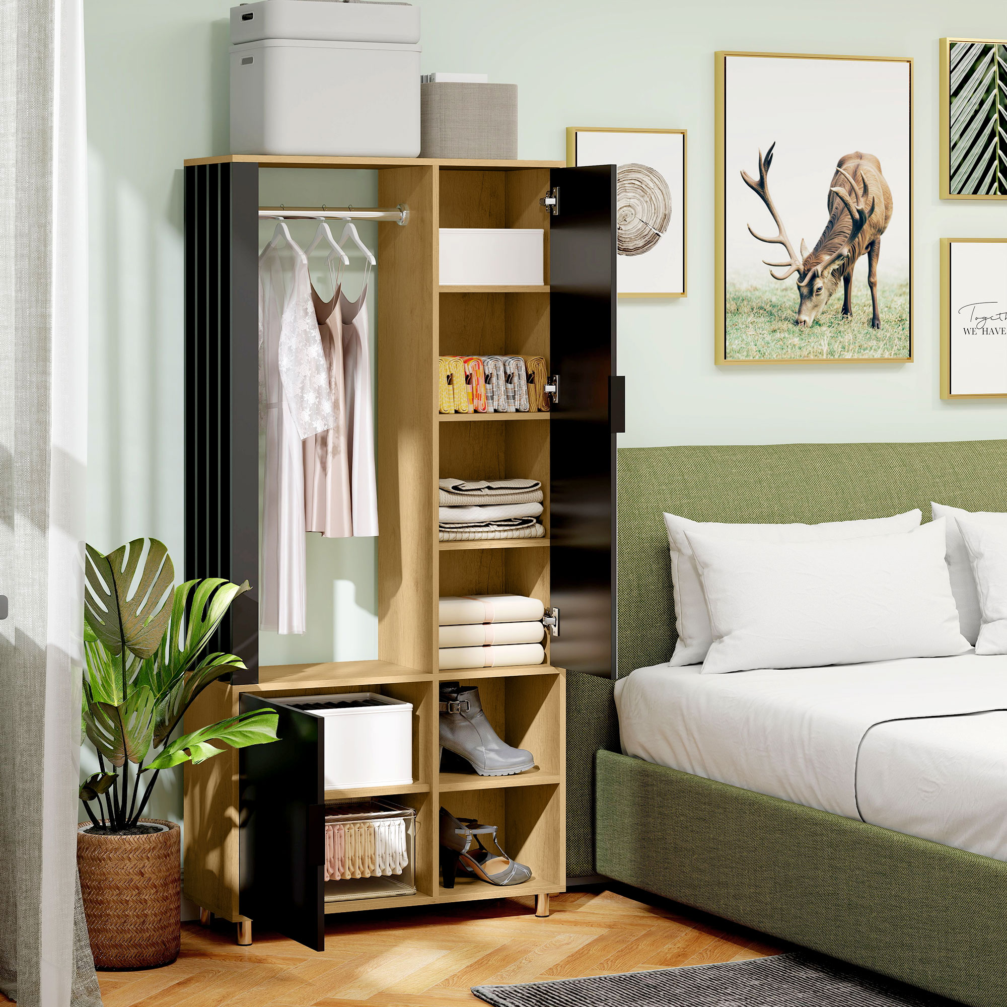 Kleiderschrank mit Spiegel und Hängestange, Aufbewahrungsfächer, offene Ablageflächen, Naturholz, Schwarz