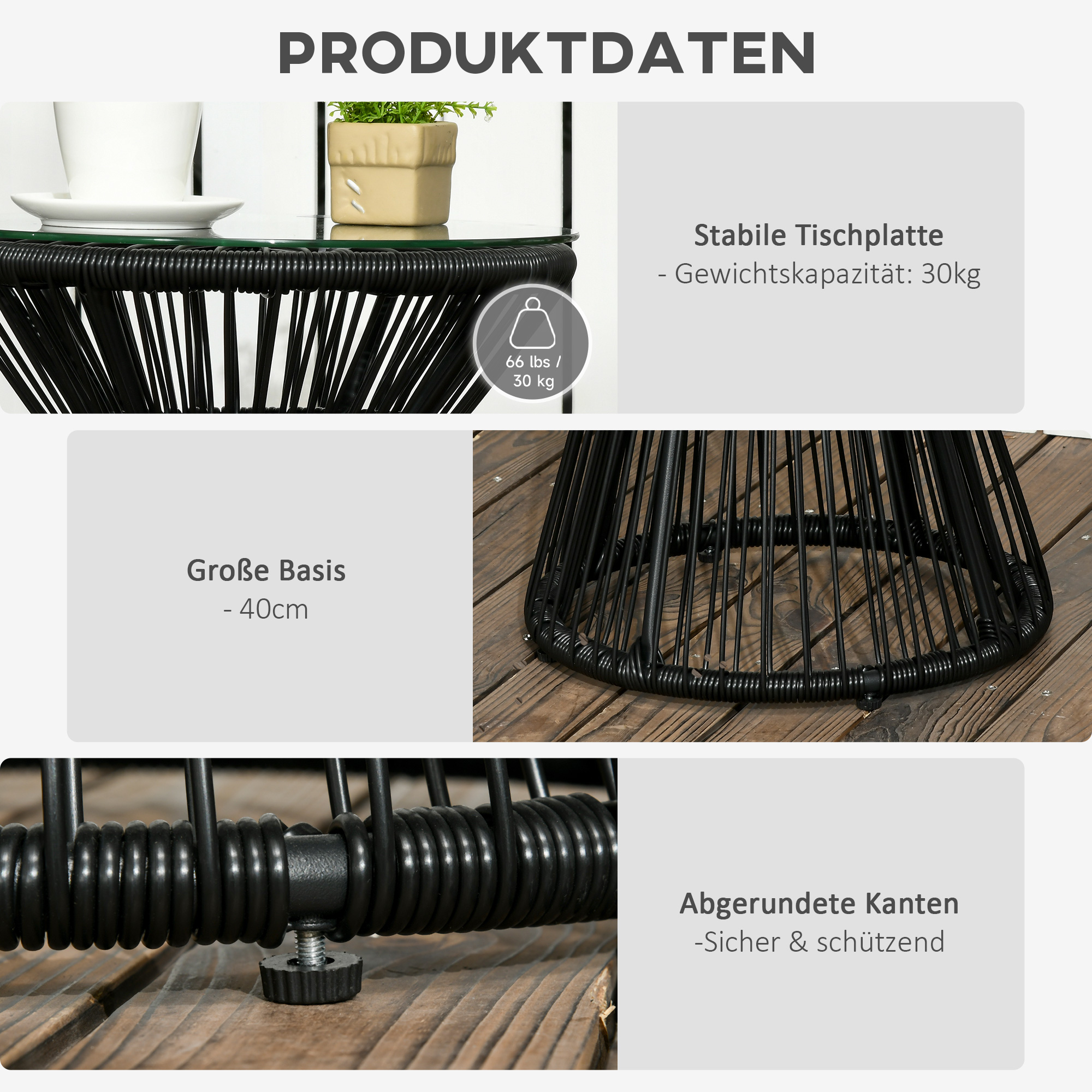 Gartentisch im Boho-Stil, wetterbeständig, PE-Rattan, 40 cm x 40 cm x 42 cm, Schwarz