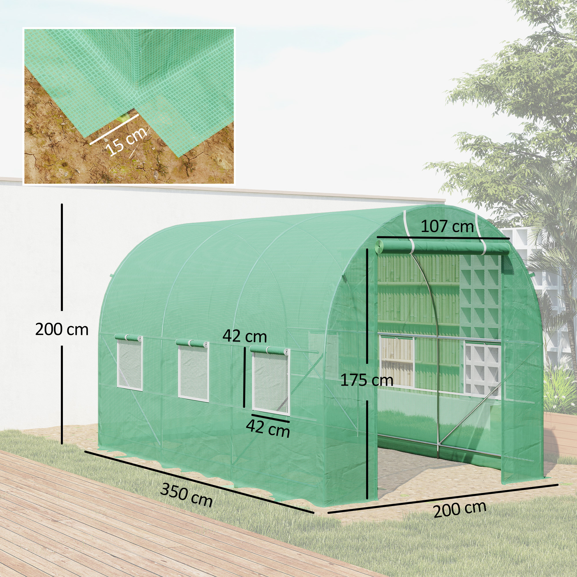 Gewächshaus 350x200x200cm Foliengewächshaus Tomatenhaus mit Tür, 6 Fenster, Folientunnel aus verzinktem Stahl, PE, stabiles Treibhaus Pflanztunnel, inkl. Erdanker & Seilen, Grün