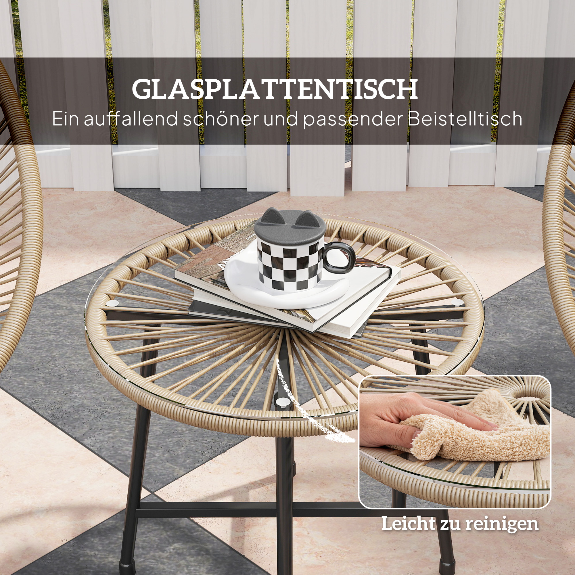 3-teiliges Gartenmöbel-Set, 2 Kunststoffrattan-Stühle, 1 Tisch mit Glasplatte, Stahlrahmen, Outdoor-Sitzmöbel, Hellbraun