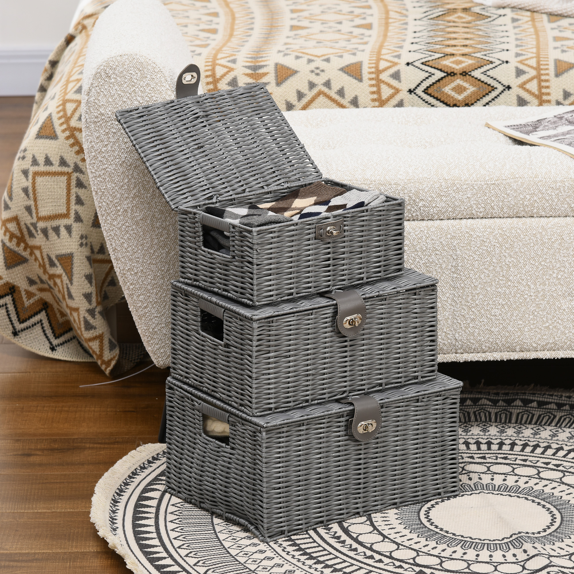 3er-Set Aufbewahrungskörbe aus PE- Rattan, mit Verschluss, Tragegriffen, 35,5 cm x 28,5 cm x 18 cm, Grau