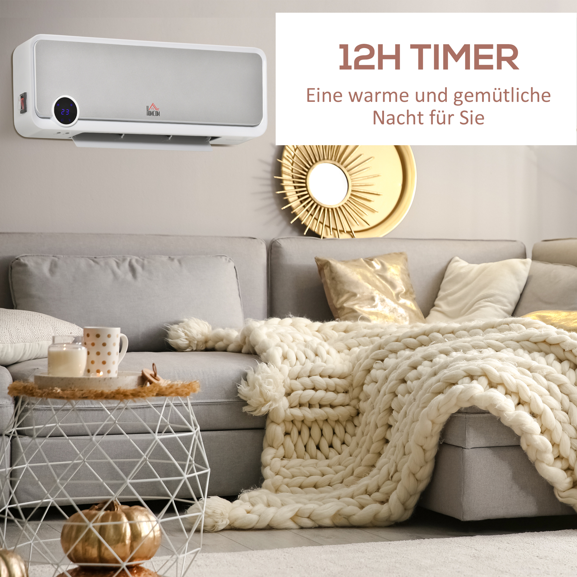 Heizlüfter zur Wandmontage 2000W mit Fernbedienung, 3 Betriebsmodi, LED-Display 12h Timer