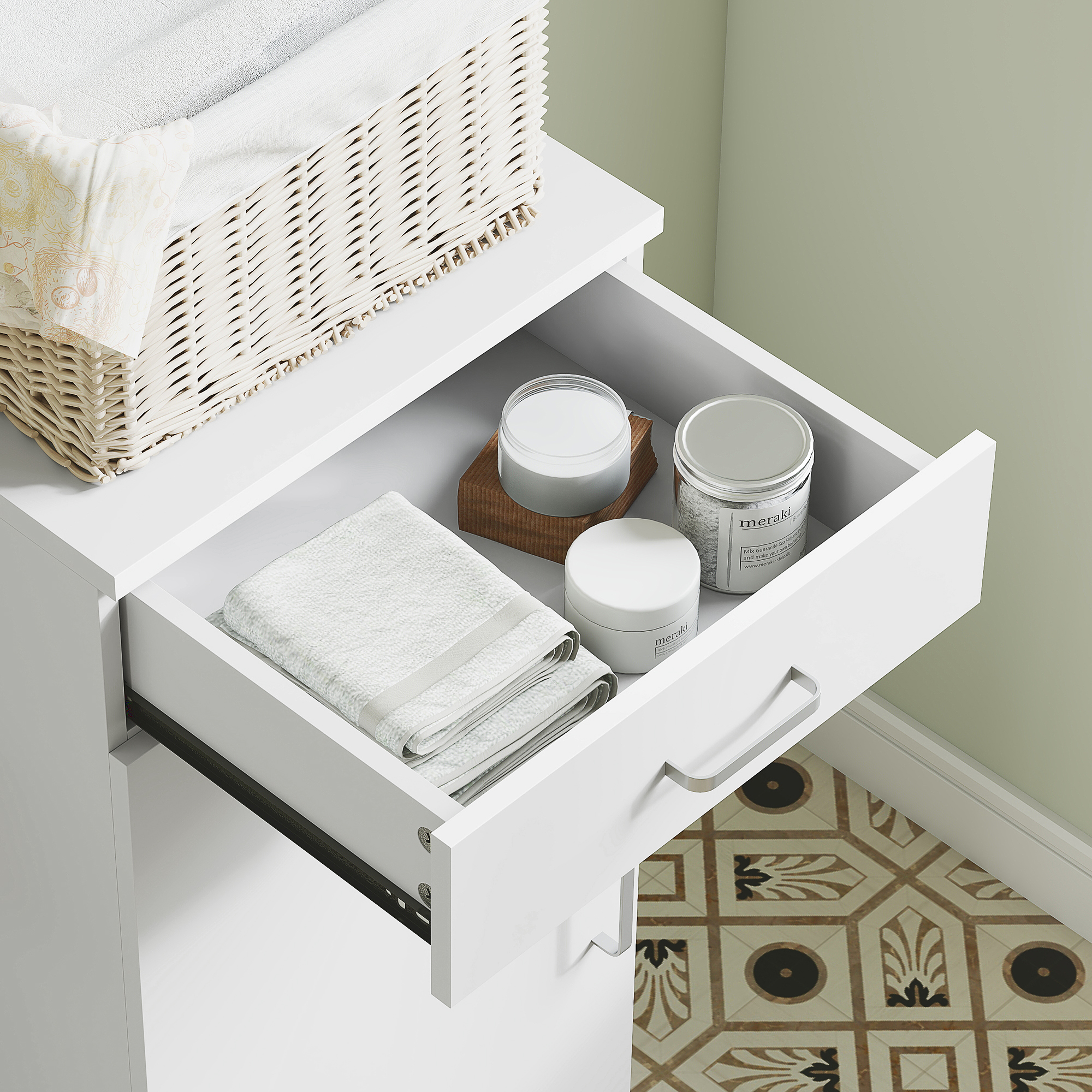 Hoher Badezimmerschrank, schmales Design, Schublade, Regale, Schrank, Spanplatte, Weiß