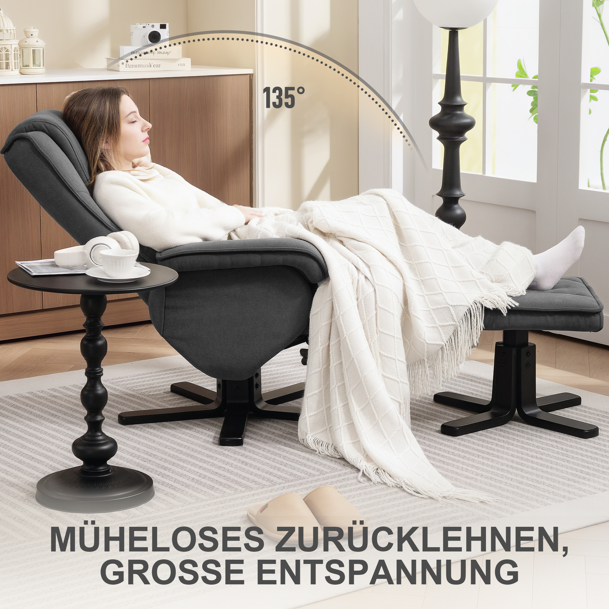 Schaukelbarer Relaxsessel mit Fußhocker, Stoffbezug in Samtoptik, drehbarer Polstersessel, Holzgestell, Grau