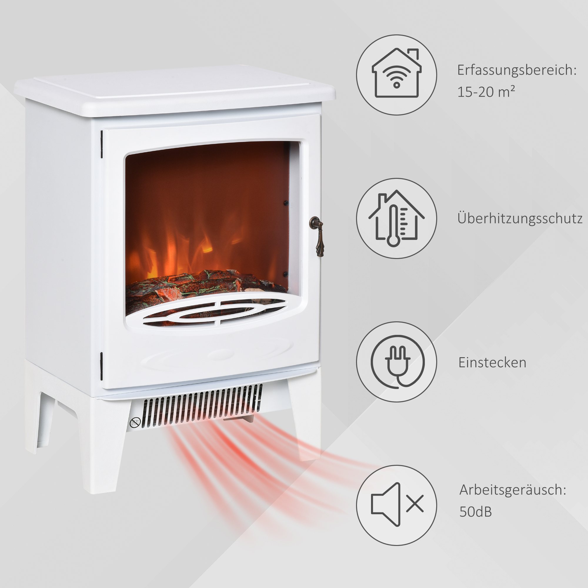 Elektrokamin mit Heizung, elektrischer Kamin mit LED Flammeneffekt, 900/1800 W Dekokamin, elektrisch Kaminfeuer Kaminofen, Weiß