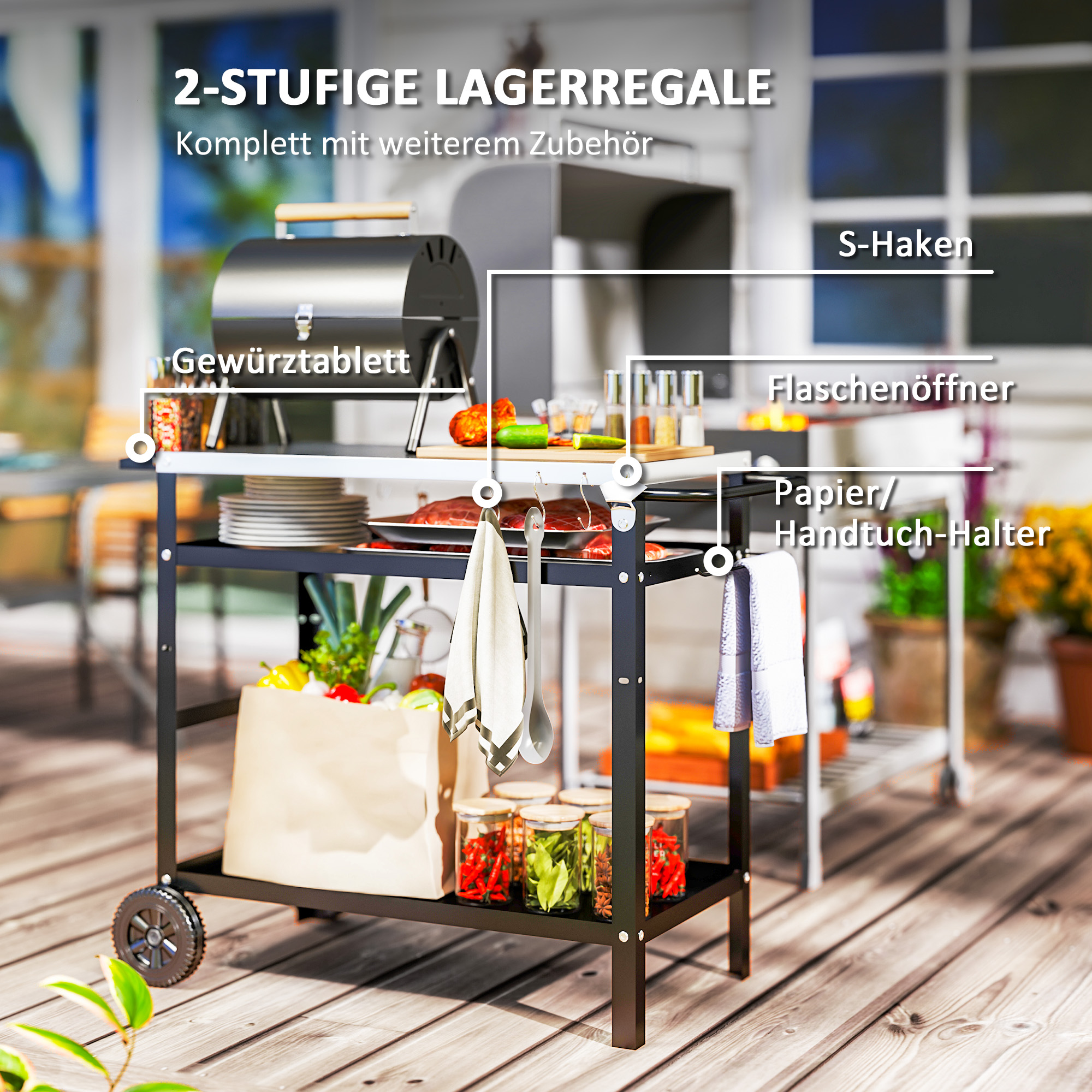 Grillwagen 3-Etagen Servierwagen mit Arbeitsfläche Griffe Hülle Räder, BBQ Grilltisch Edelstahl 100x52x80cm Schwarz