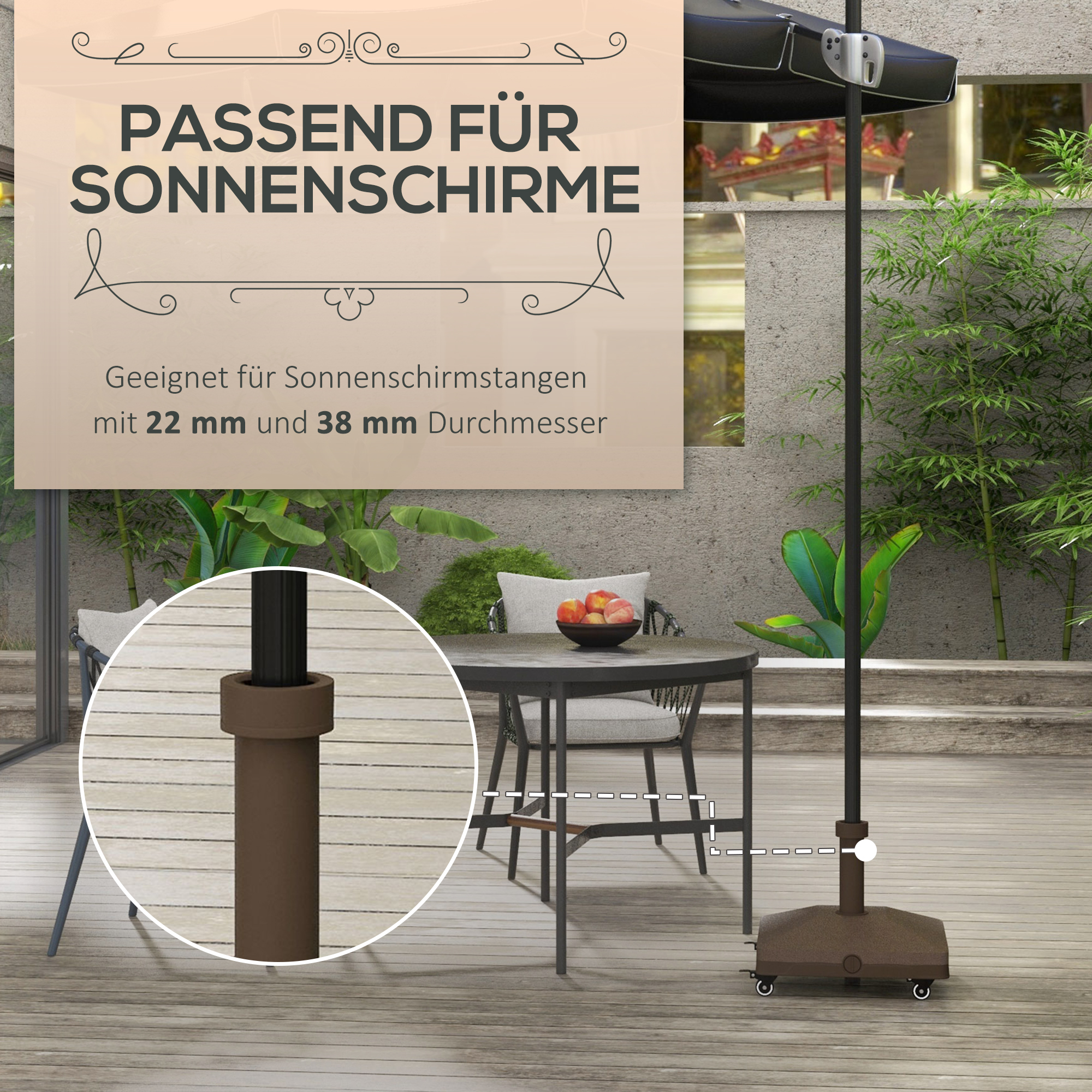 Sonnenschirmständer bis 20kg befüllbar Quadratisch Schirmständer mit Rolle für Sonnenschirm 22-38mm Braun