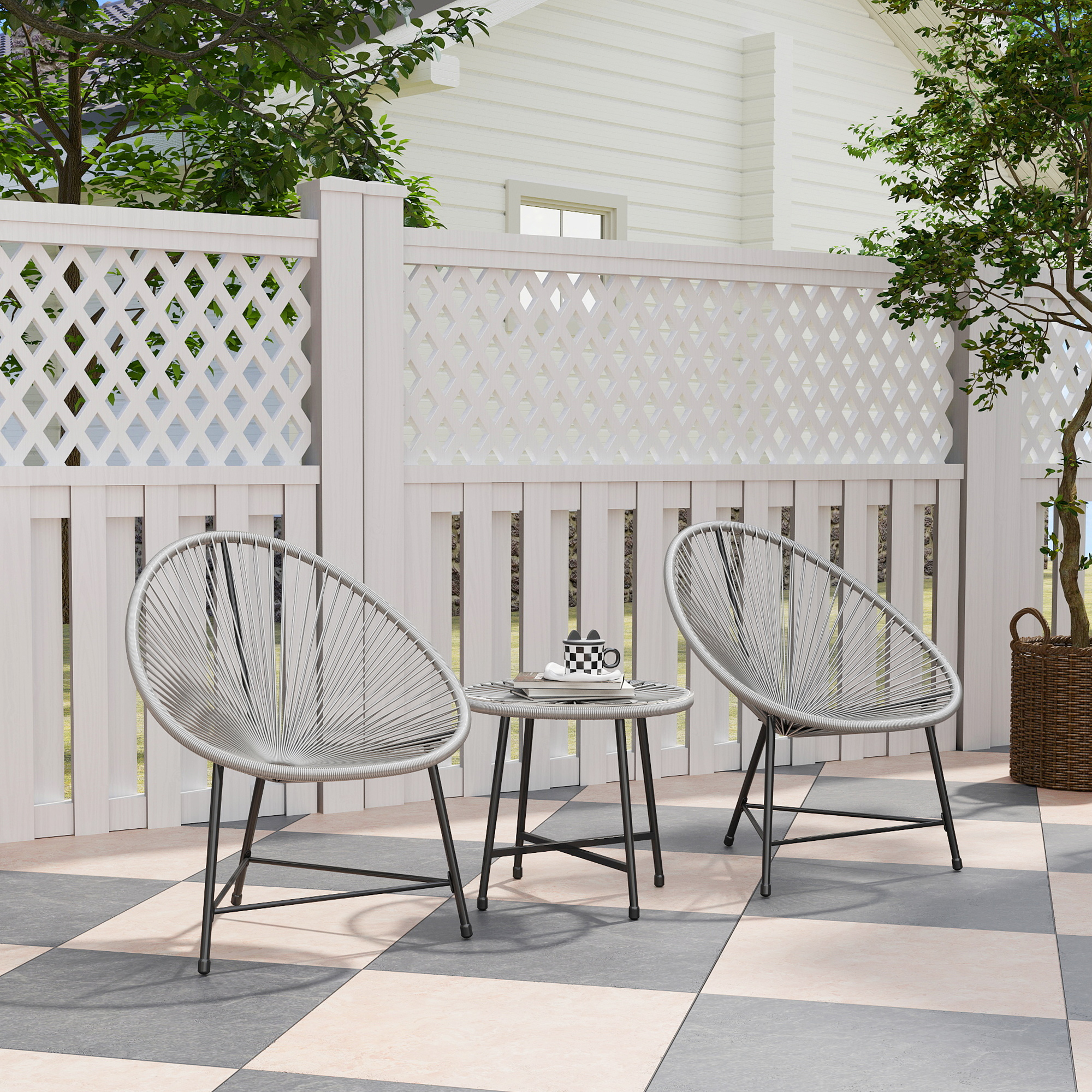 3-teiliges Gartenmöbel-Set, 2 Kunststoffrattan-Stühle, 1 Tisch mit Glasplatte, Stahlrahmen, Outdoor-Sitzmöbel, Grau