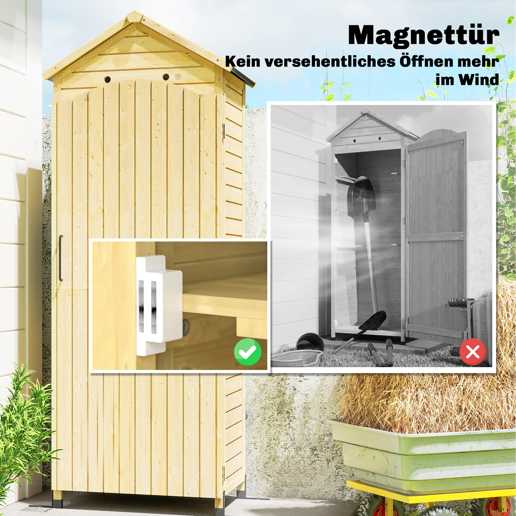 Gartenschrank Holz extra hohe Geräteschuppen mit verstellbar Ablage magnetisch Tür galvanisiert Dach Belüftung