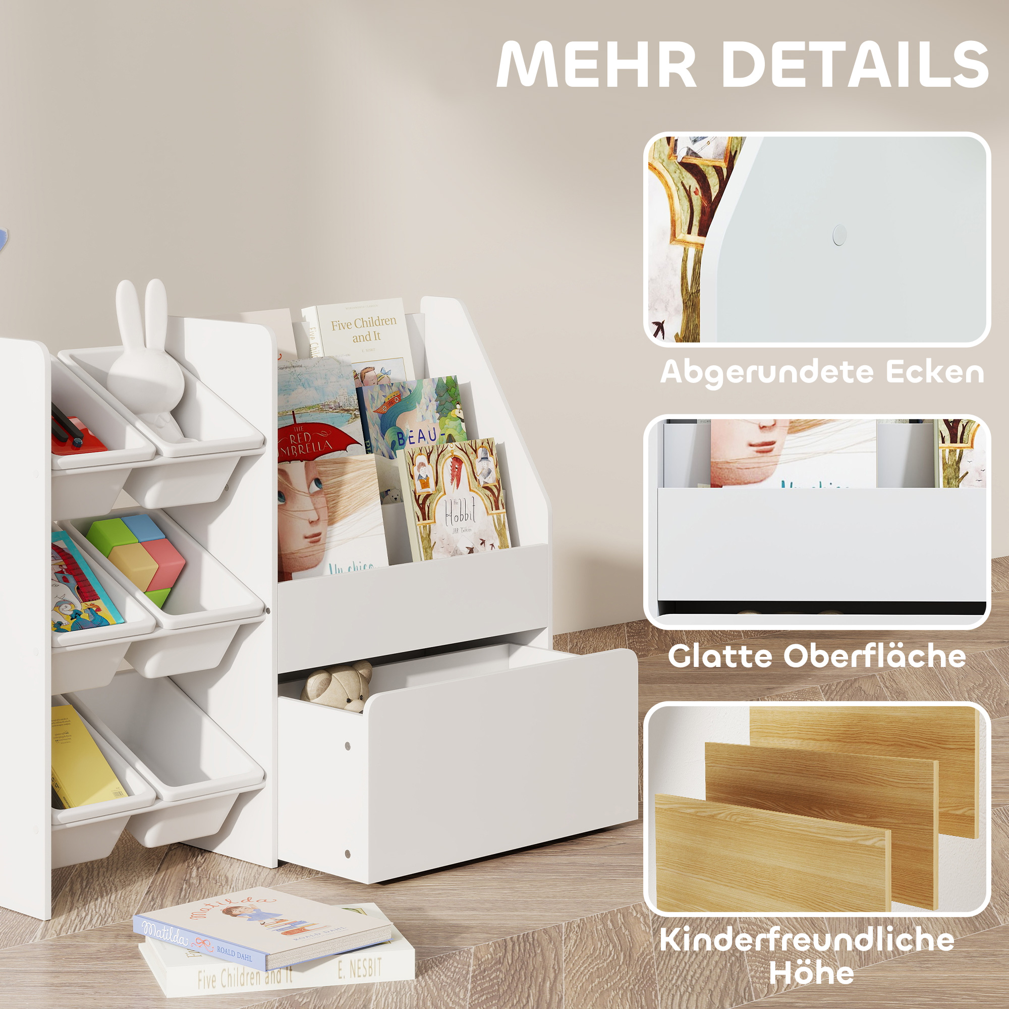 Spielzeugregal, Kinderzimmerregal mit 6 Behälter, Bücherablage, rollbare Box, 100 x 30 x 80 cm, MDF, Stahl, Weiß