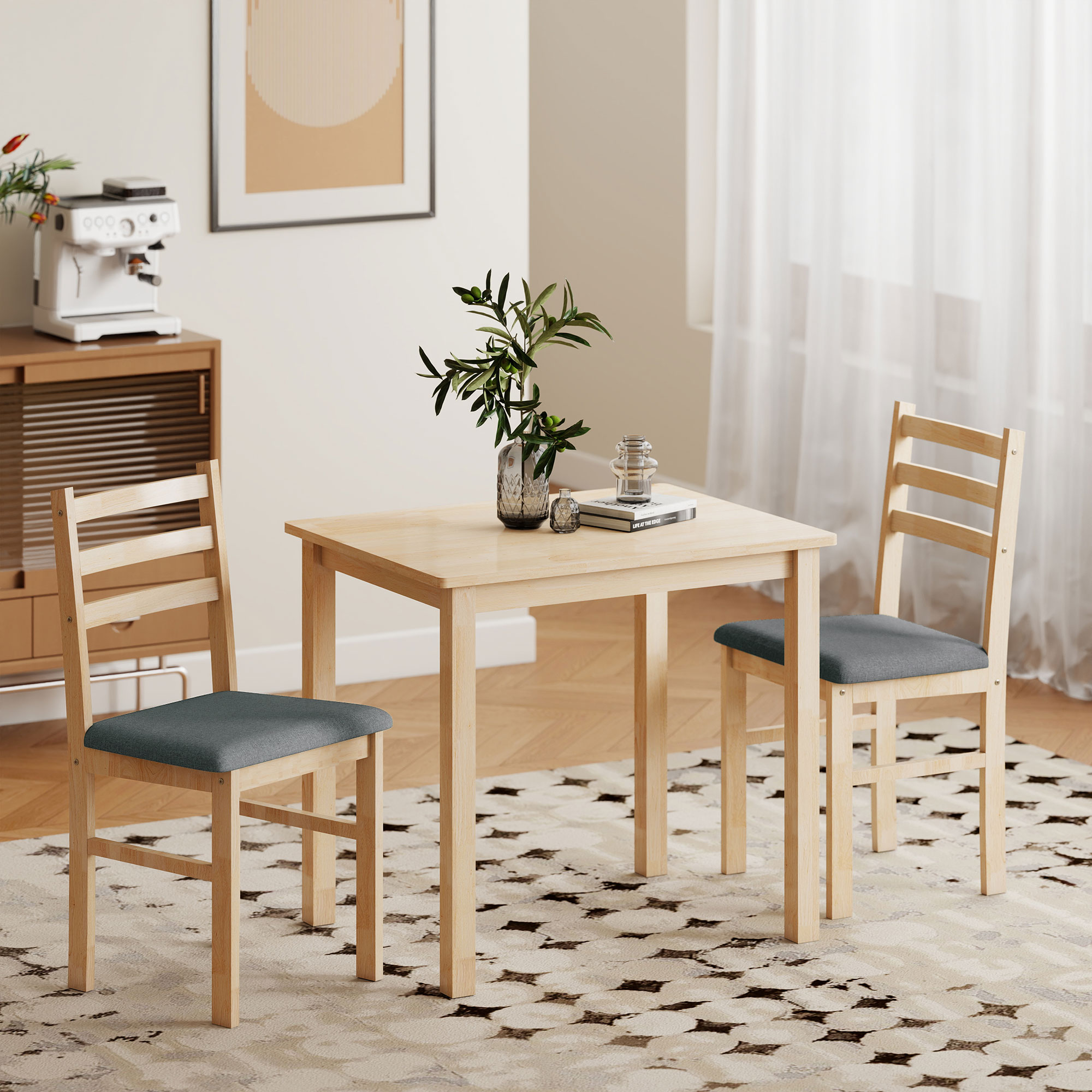 3-teiliges Esstisch-Set mit 2 Stühlen, Küchentisch für kompakte Räume, gepolsterte Stühle, platzsparend, MDF, Naturholz