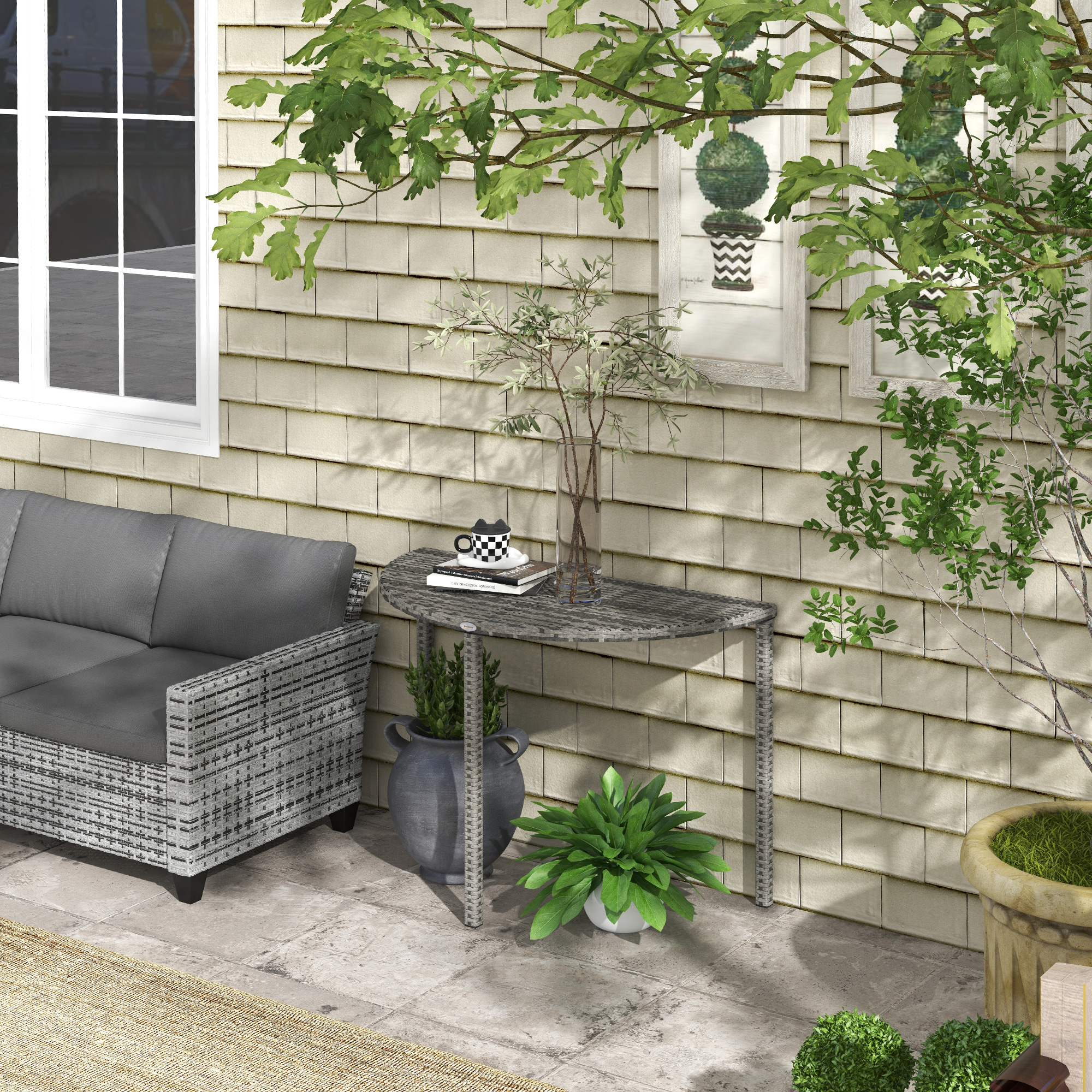 Balkontisch, halbrund, Polyrattan+Metall, 100x50x74 cm, Grau