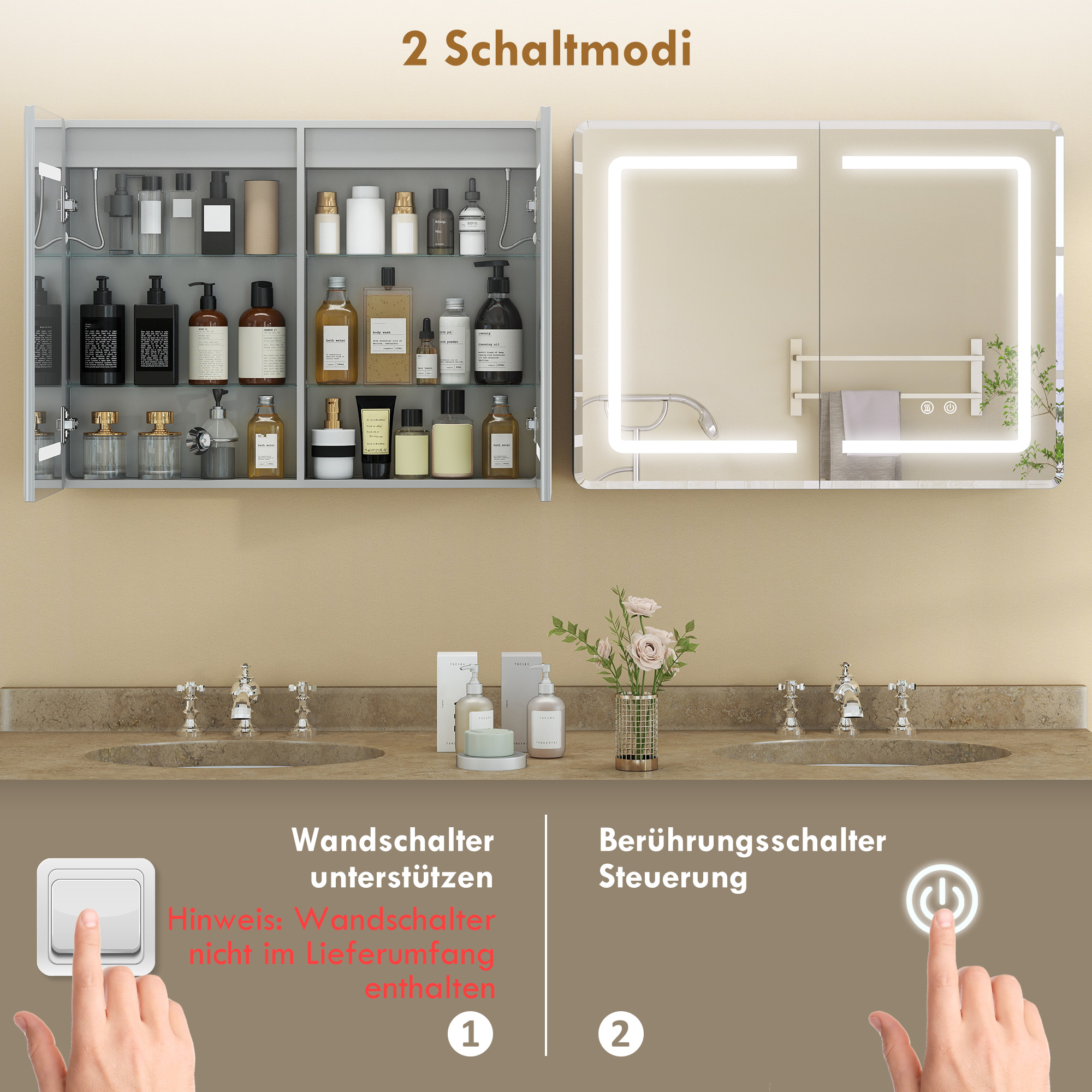Spiegelschrank für das Badezimmer mit LED-Beleuchtung, 60 x 80 cm Badschrank mit Anti-Beschlag, 3-fach dimmbare