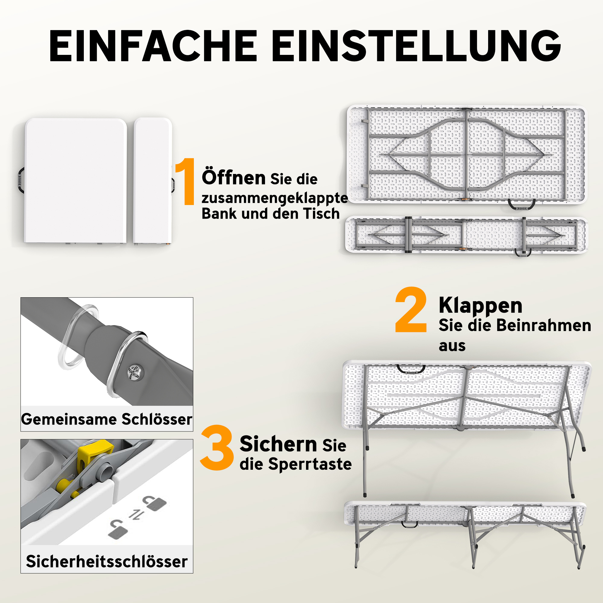 3-teiliges Picknicktisch-Set, 1 Tisch, 2 Bänke, Faltbarer Campingtisch mit Tragegriffen, Kunststoff, Metall, Weiß