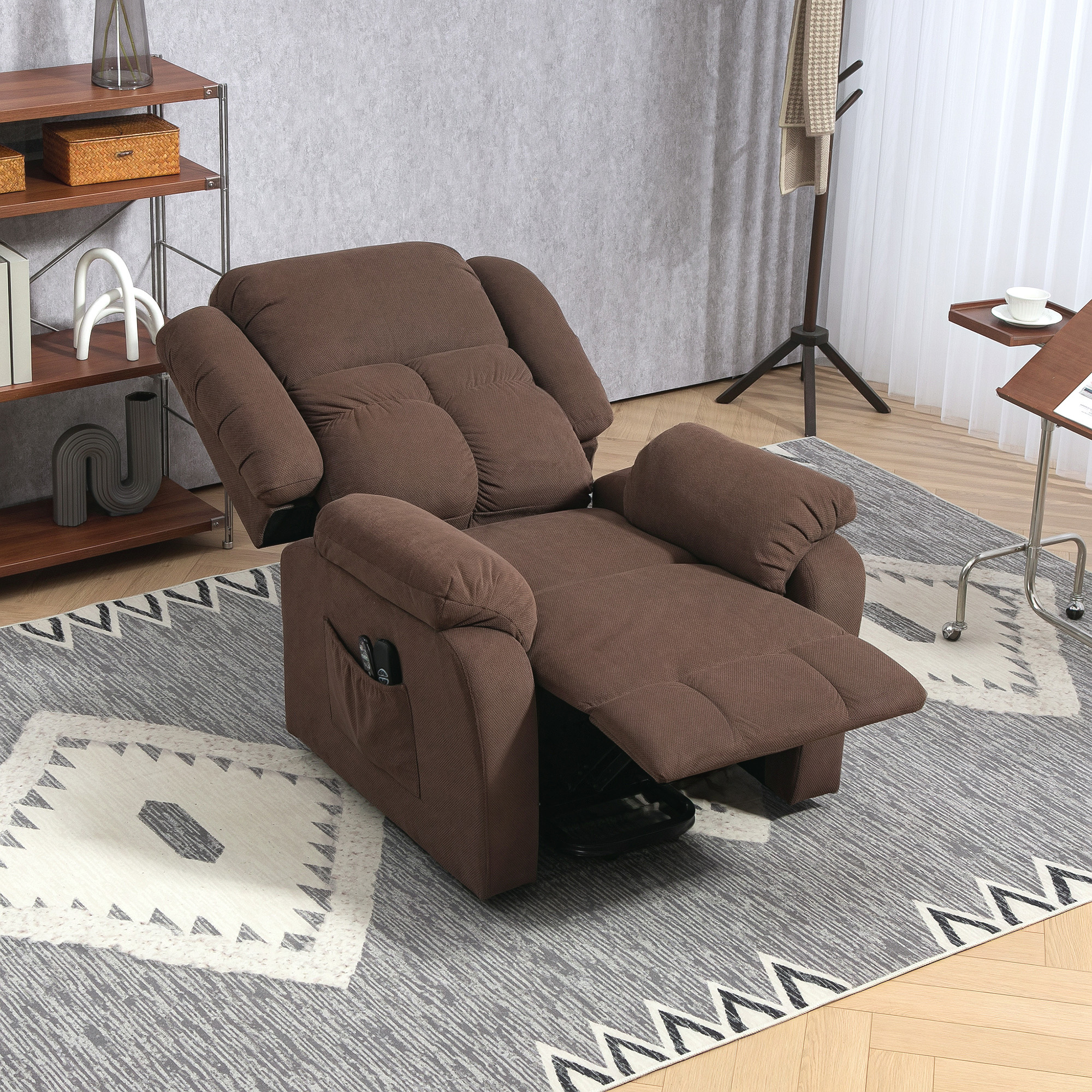 Aufstehsessel mit Massagefunktion und Lendenheizung, Recliner-Sessel mit Fernbedienungen und Seitentaschen, Dunkelbraun
