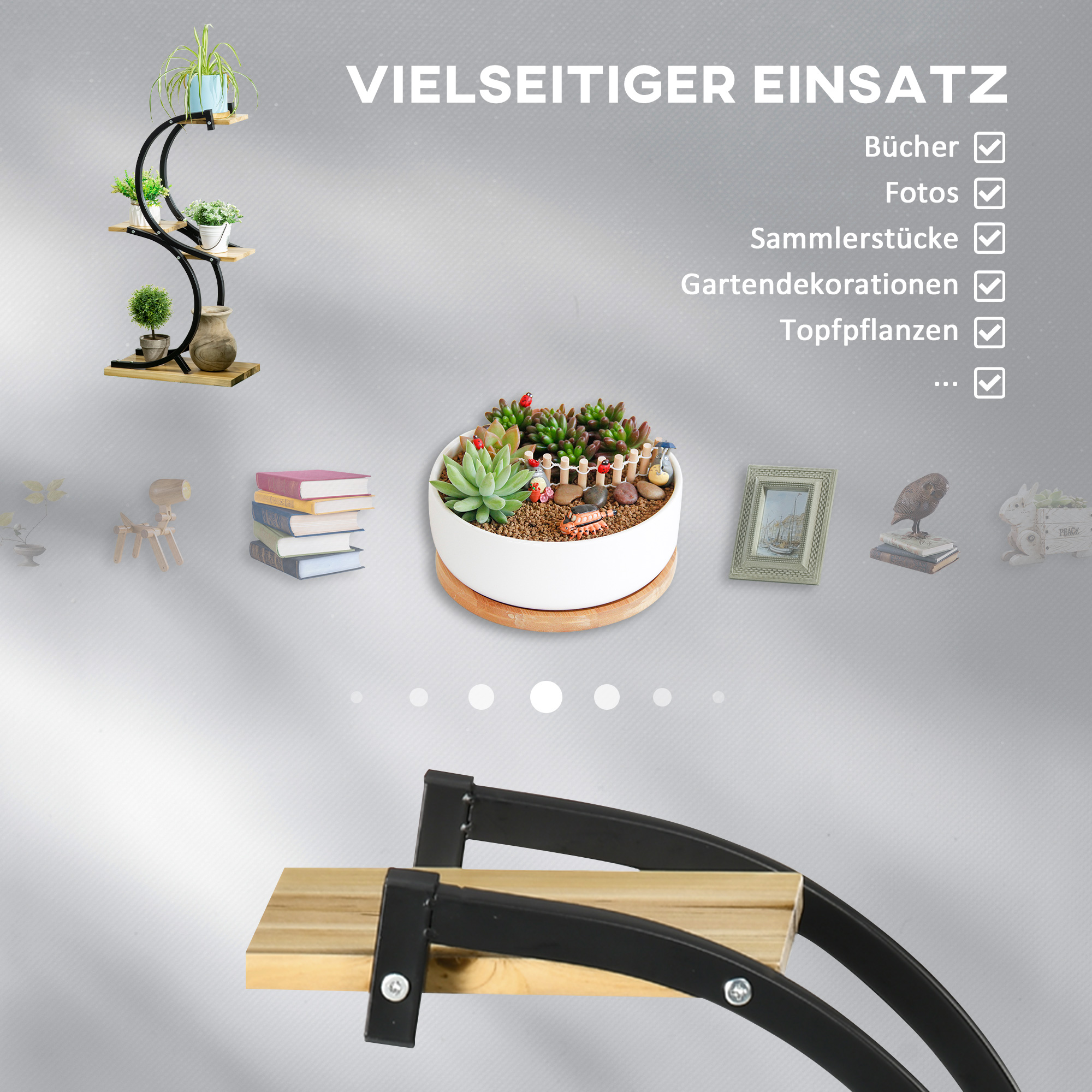 Pflanzenständer mit 4 Regalen, Massivholz, wetterbeständig, 46 cm x 25 cm x 91 cm, Schwarz + Natur