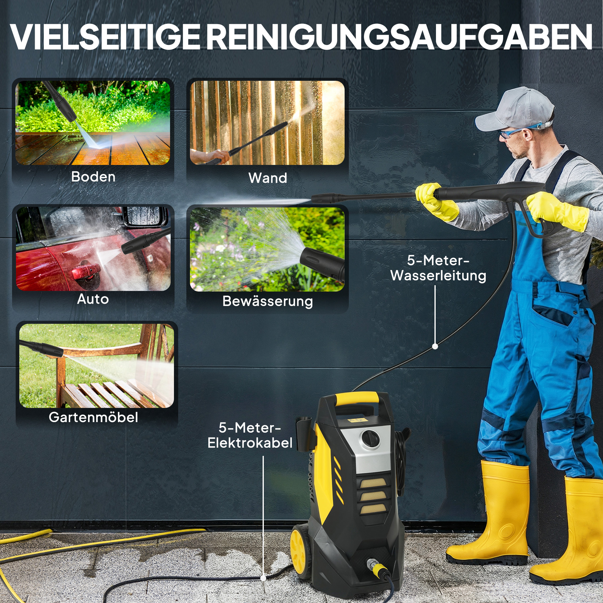 Hochdruckreiniger mit Aluminiumpumpe 135 bar Maximaldruck 1800W Leistung 540 L/h 5m Schlauch verstellbare Düse & Griffe