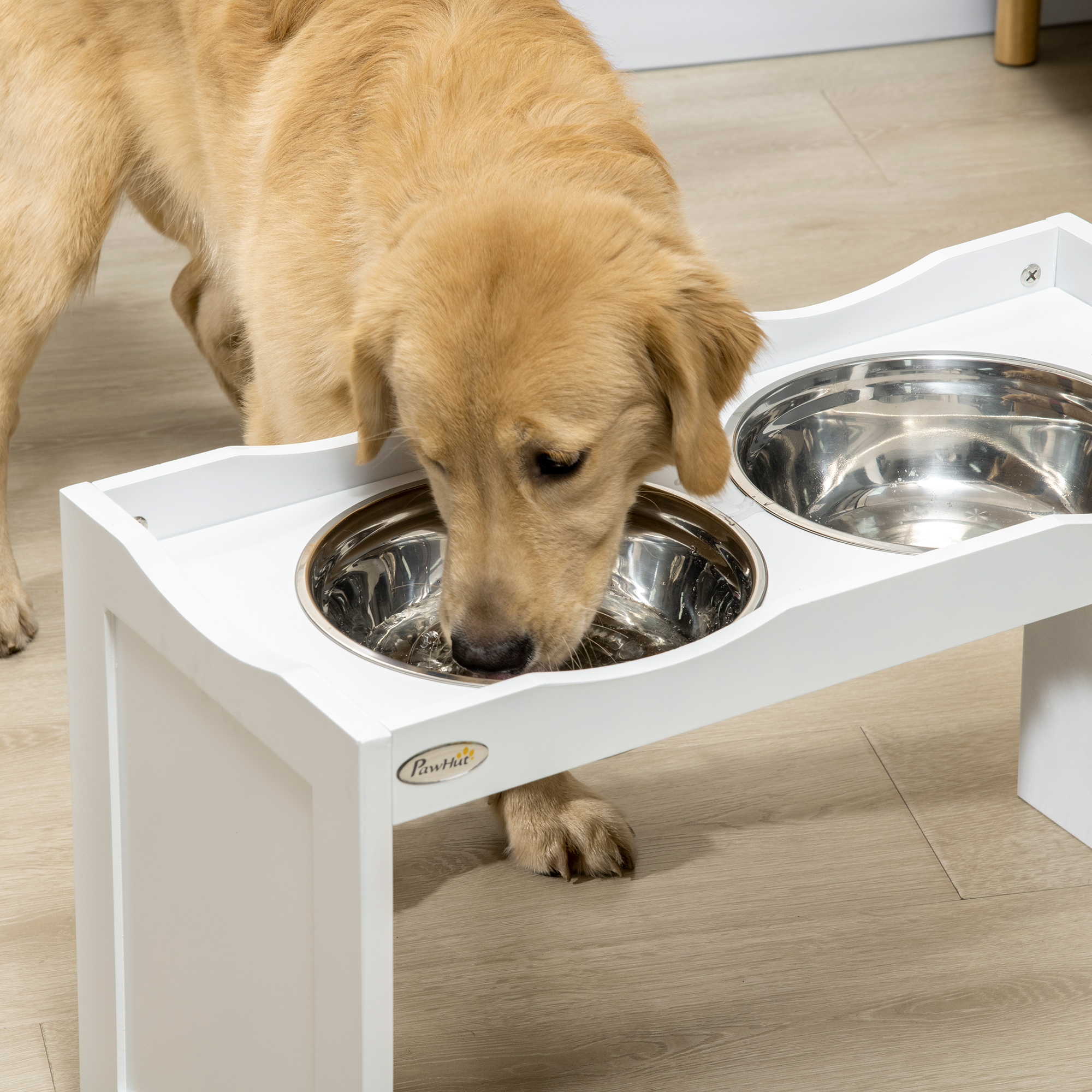 Futterstation, Napfständer, 2 Fressnäpfe je 2 Liter, Edelstahl, für große Hunde, weiß, 63 x 30 x 24cm