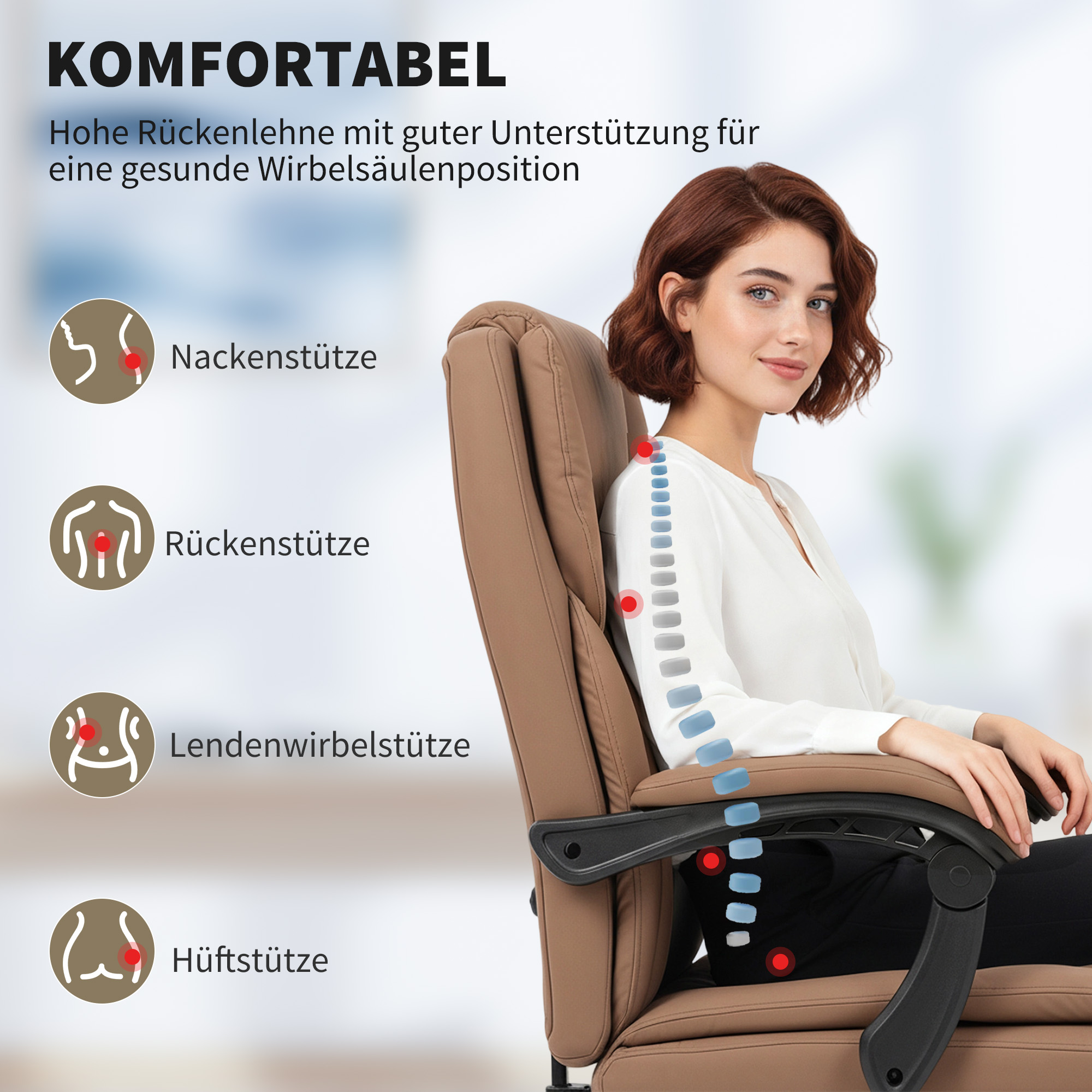 Bürostuhl mit Katzenpfotenleder-Bezug, Fußstütze, höhenverstellbar, rollbar, Braun