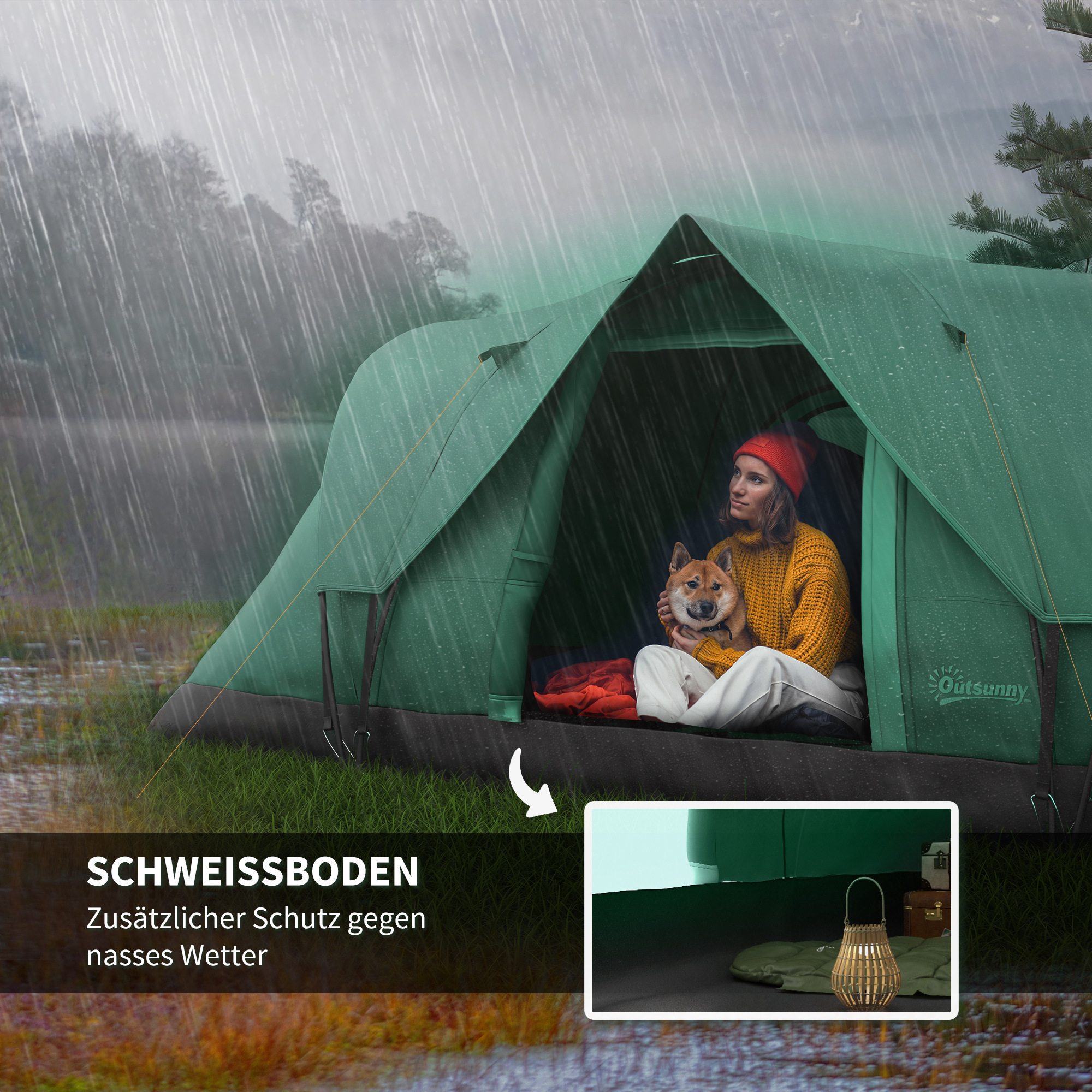 Campingzelt für 5-6 Personen, Familienzelt, Lampenhaken, Seitentaschen, 4,55x2,3x1,8m, Grün/Schwarz