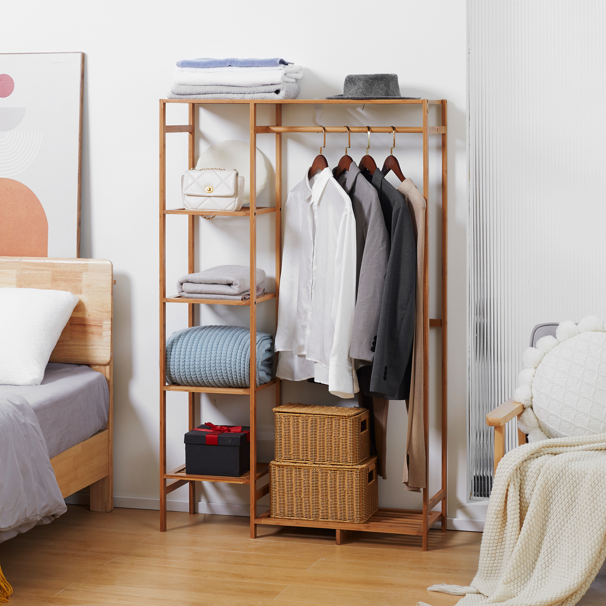 Kleiderständer Garderobenständer mit Kleiderstange, Schuhablag, Regal, Garderobe aus Bambus Naturholz