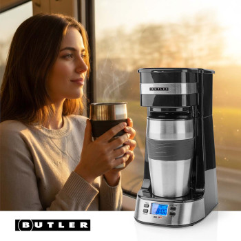 Einzelportions-Kaffeemaschine | 0,4 l | 750 W | Timer-Funktion | isolierter Reisebecher |automatische Abschaltung | LCD-Display | schwarz