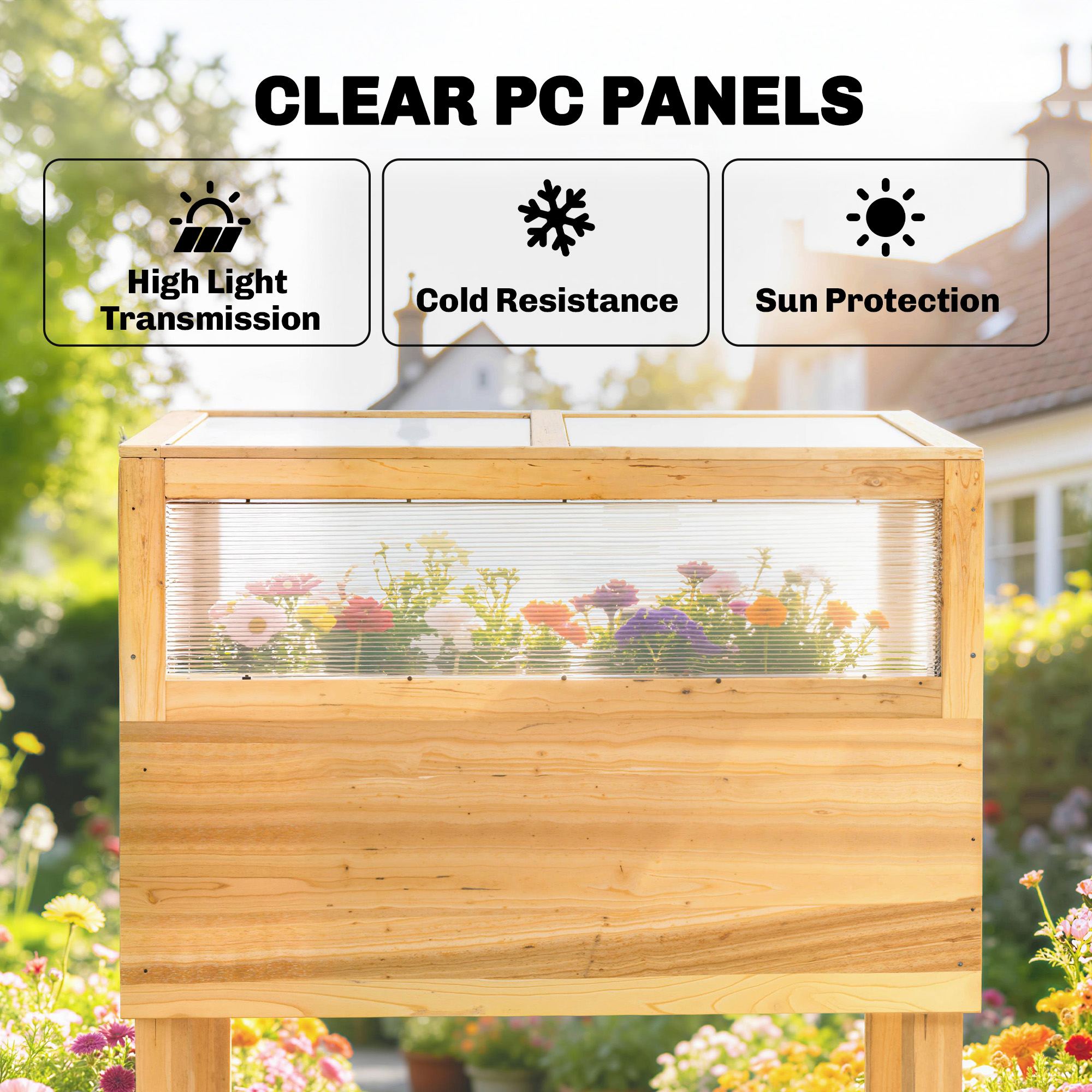 Hochbeet mit Frühbeetaufsatz aus Holz erhöhter Pflanzkasten mit aufklappbar Abdeckung Regal Vliesstoff Ergonomisch