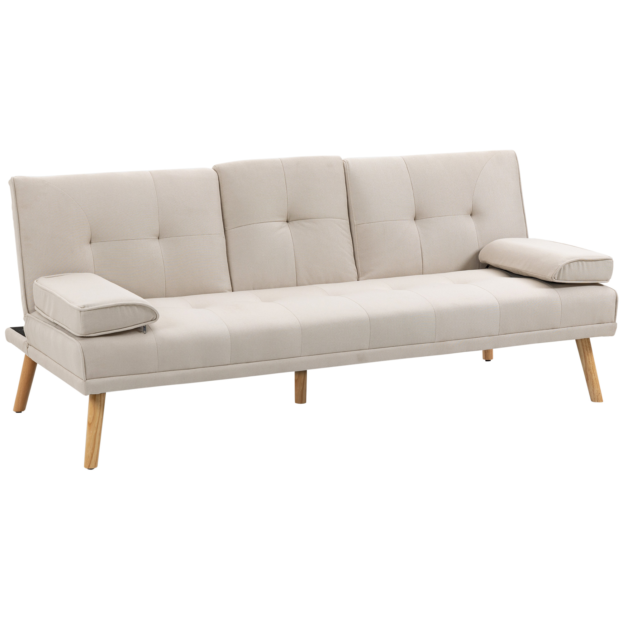 Schlafsofa 3-Sitzer, neigbare Rückenlehne mit Klapptisch, zwei Armpolster, Leinenoptik, beige, 181 x 77 x 78 cm