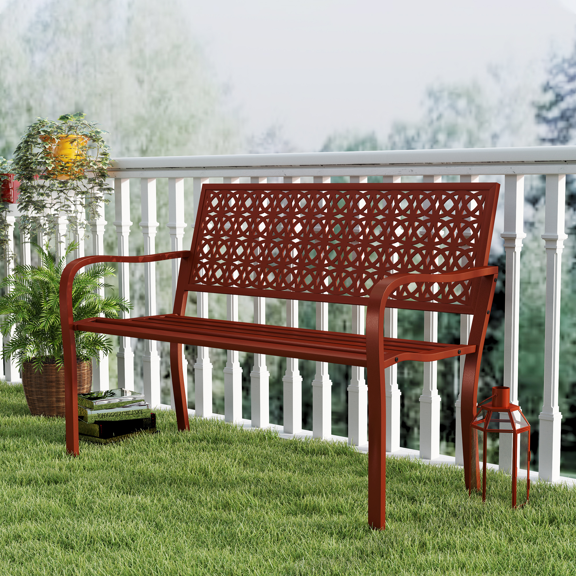 Außenbank, Gartenbank aus Stahl, Ausgeschnittene Rückenlehne, Armlehnen, für 2 Personen, Rot