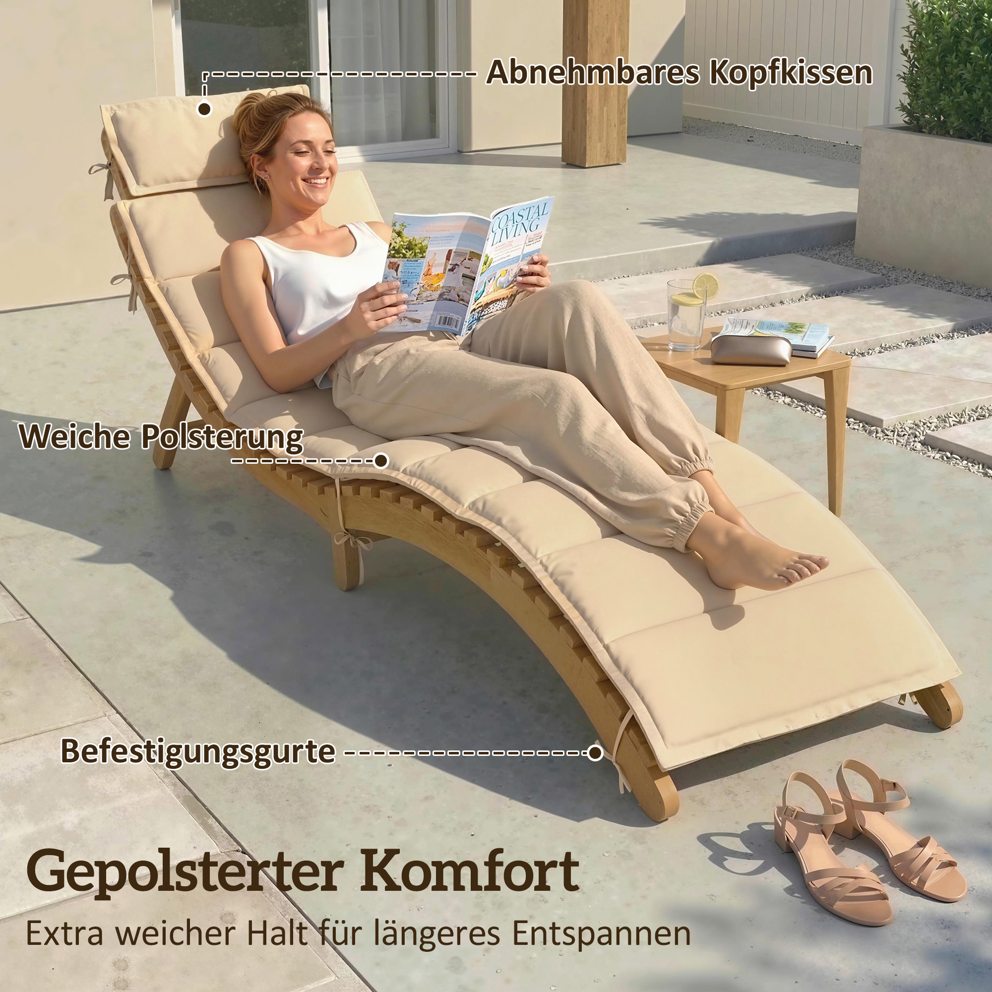 Sonnenliege klappbare wetterfeste Gartenliege aus Holz mit Polsterung Kopfstütze Tragegriff 183 x 54 x 63 cm, Beige