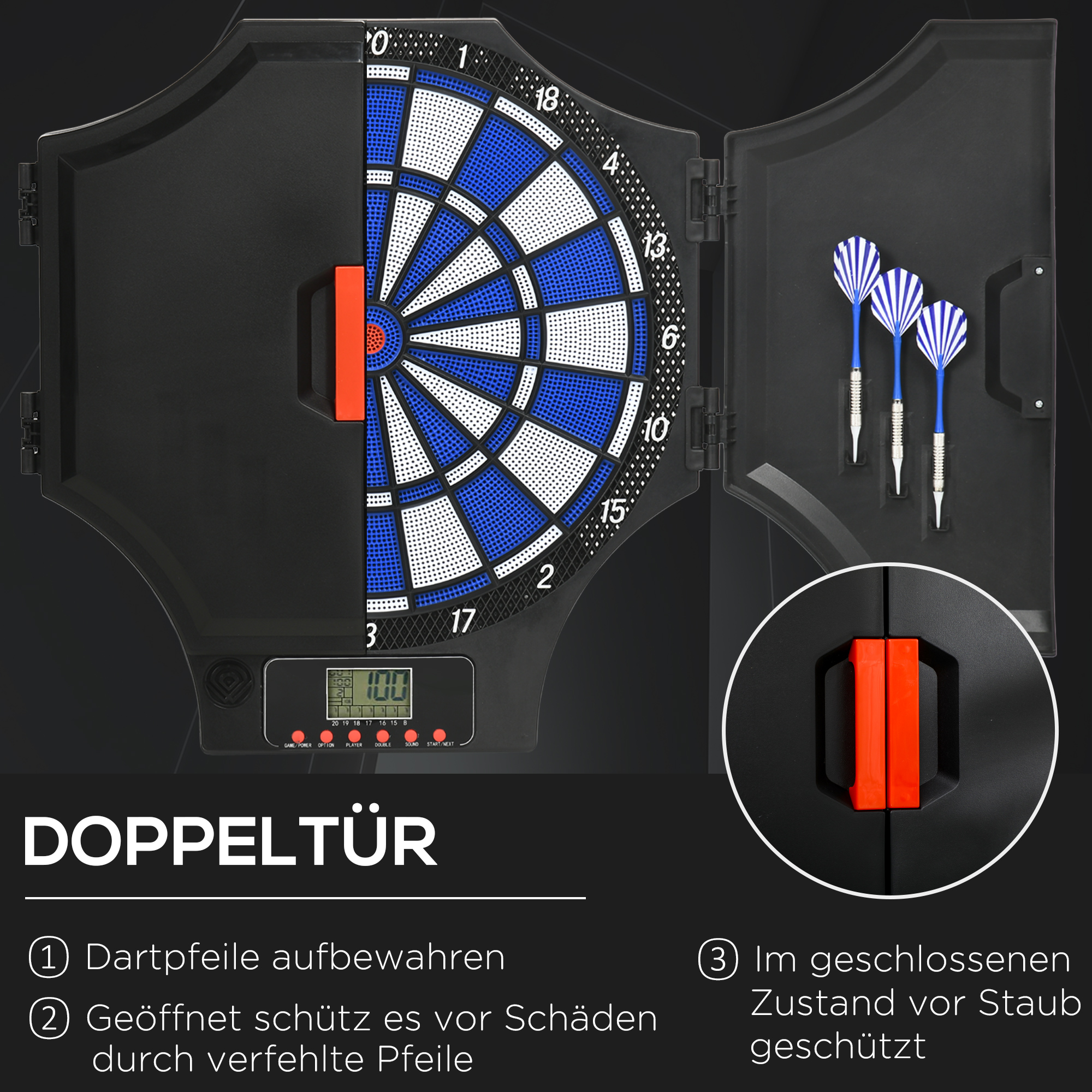 Dartscheibe, elektronisch, 31 Spiele und 285 Programme, für 8 Spieler, 2 Türen, 6 Pfeile, Sound, schwarz, 83 x 45 x 4 cm