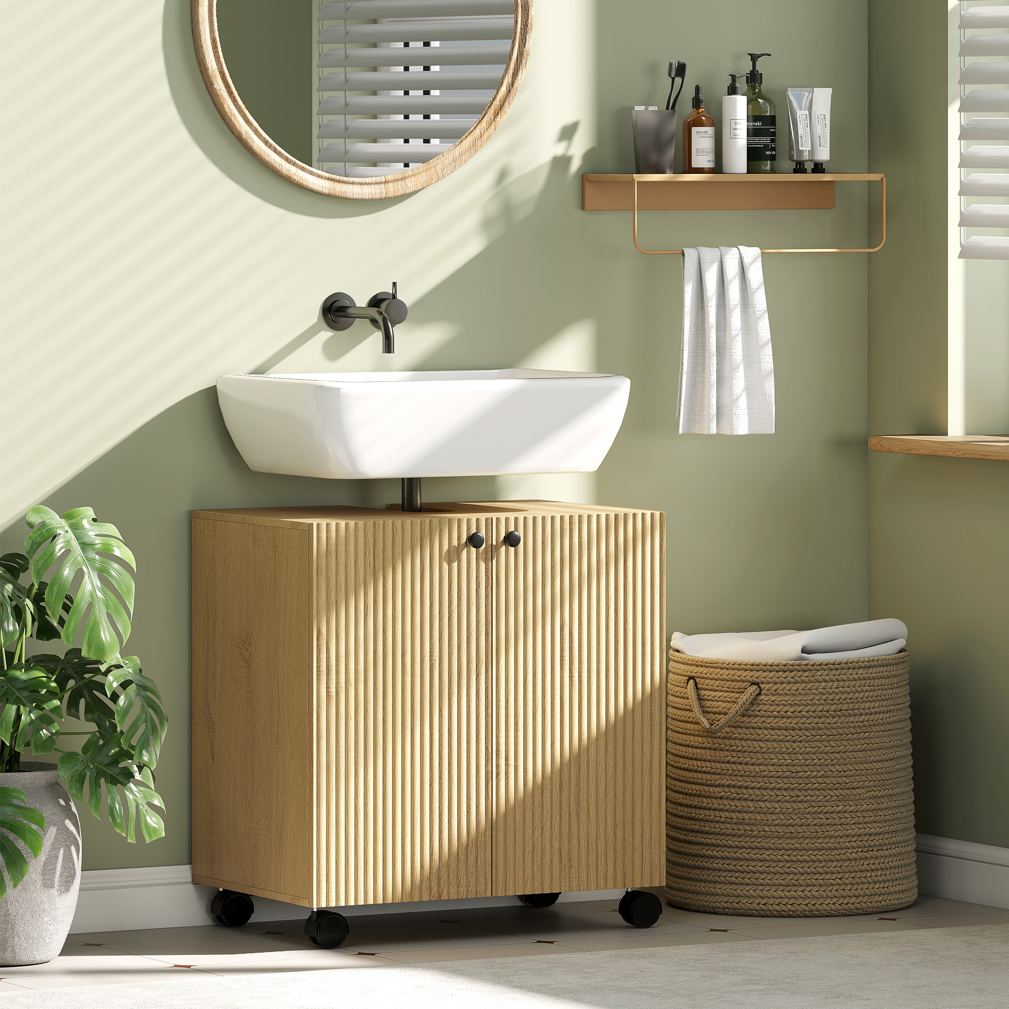 Waschbecken-Unterschrank für Badezimmer, 3-stufiges Regal, Räder, Holz