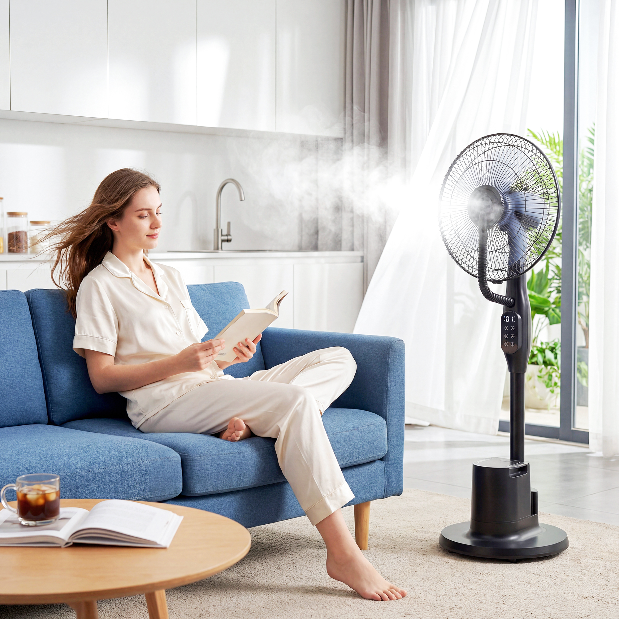 Stehventilator mit Sprühnebel, 70° Oszillation, 3 Geschwindigkeiten, 3 Modi, 3,5L Wassertank, Schwarz