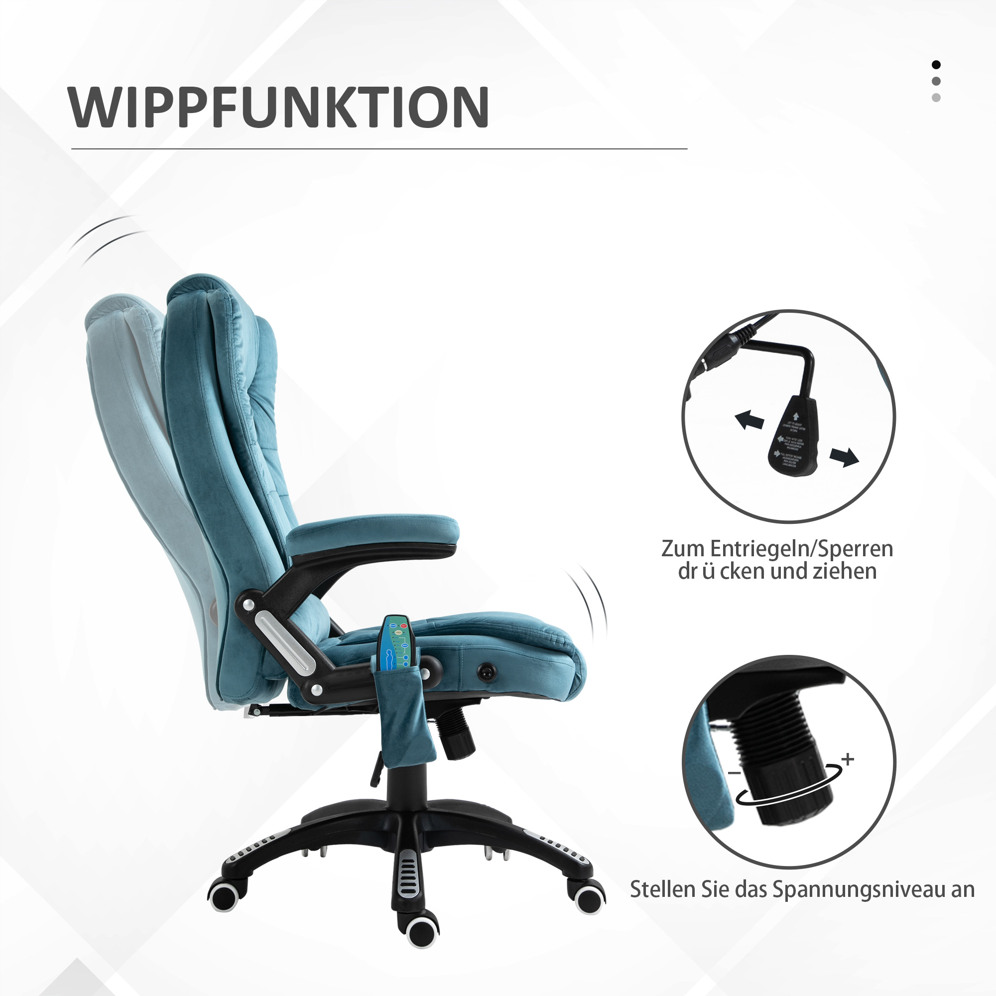 Bürostuhl Massagesessel mit Wärmefunktion Chefsessel mit Massagefunktion höhenverstellbarer ergonomischer Gamingstuhl massage Blau 68 x 72 x 110-120 cm