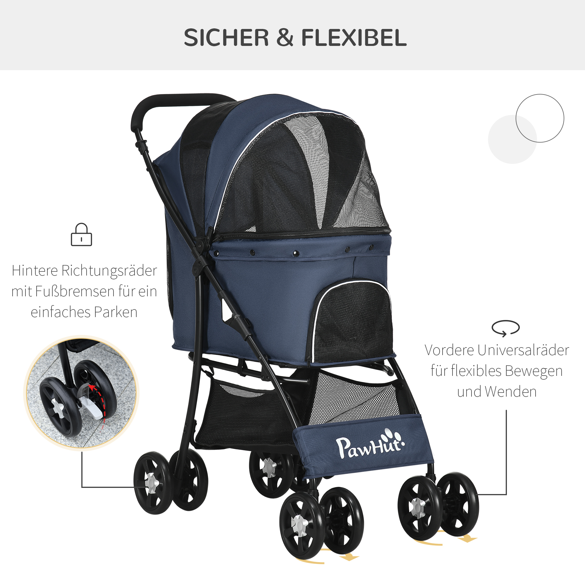 Hundewagen Hundebuggy bis 10 kg Klappbar Bodenkorb Kissen Seitentasche 81 cm x 48 cm x 99 cm Grau
