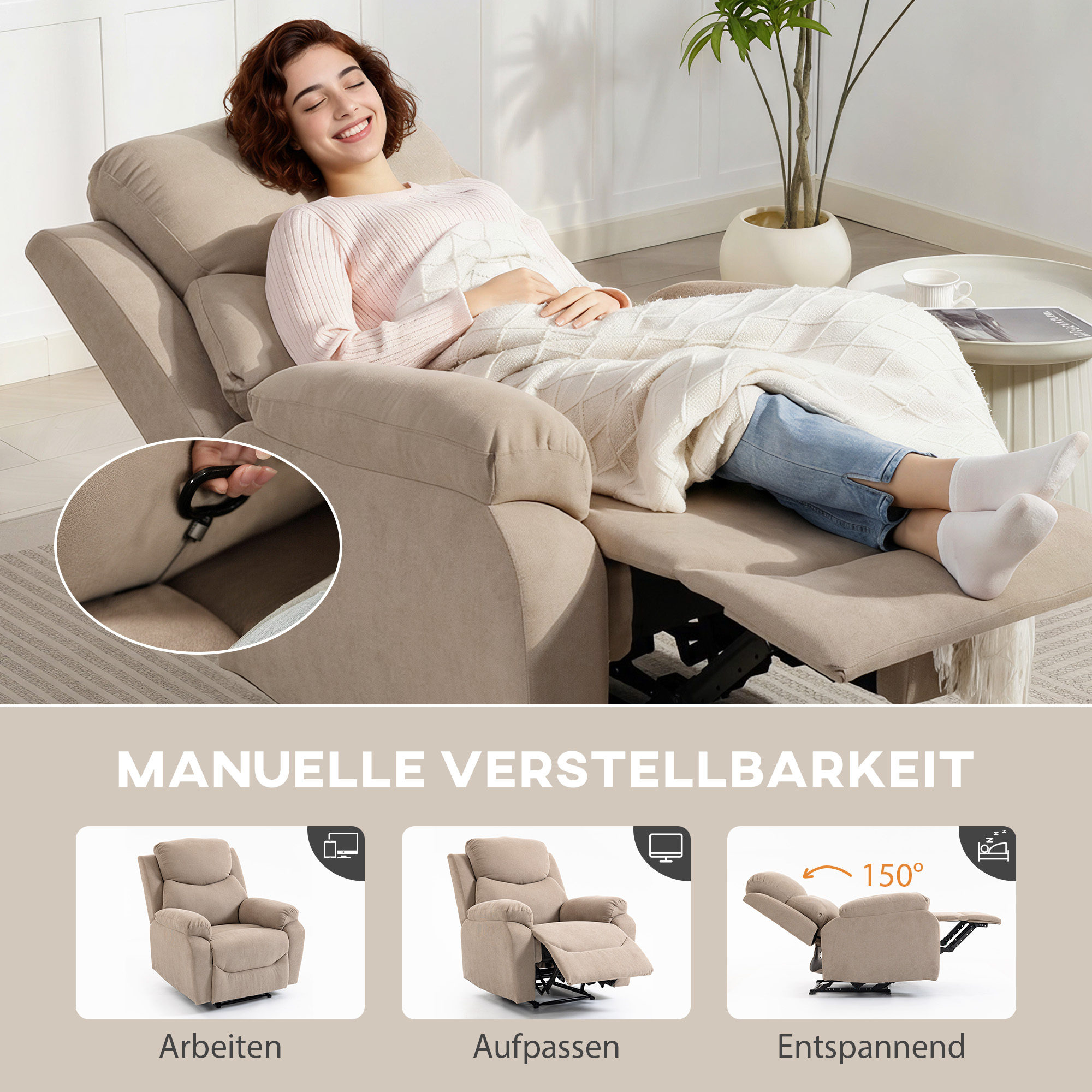manueller Relaxsessel, moderner Sessel im Leinenstoff-Look mit dicker Polsterung, Gepolsterte Armlehnen und Fußstütze, Beige