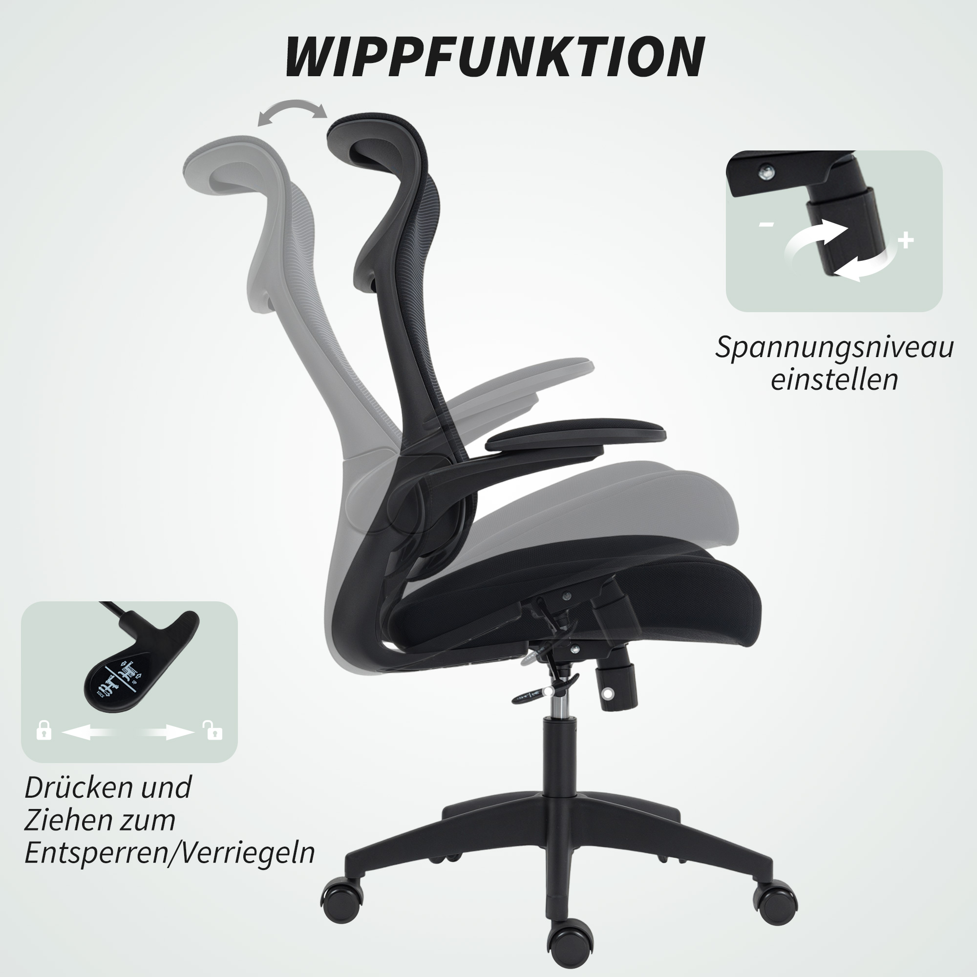 ergonomischer Bürostuhl mit 3D-Armlehnen, Netzstoffrücken, S-förmige Rückenlehne, Kopfstütze, Kippfunktion, Schwarz
