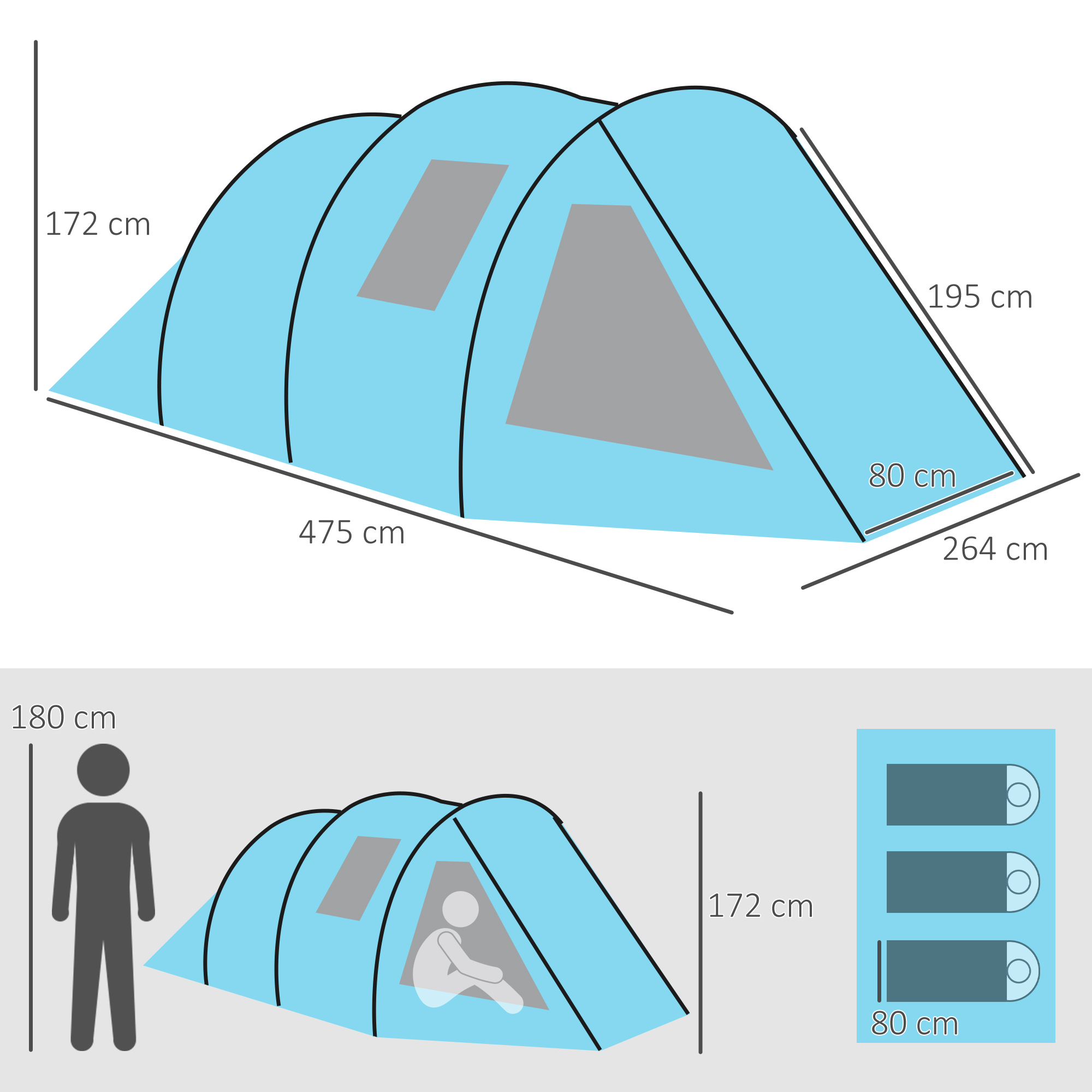 Campingzelt Trekkingzelt Zelt, wetterbeständig, 2 Räume,  475 x 264  cm Breite x 172, Blau