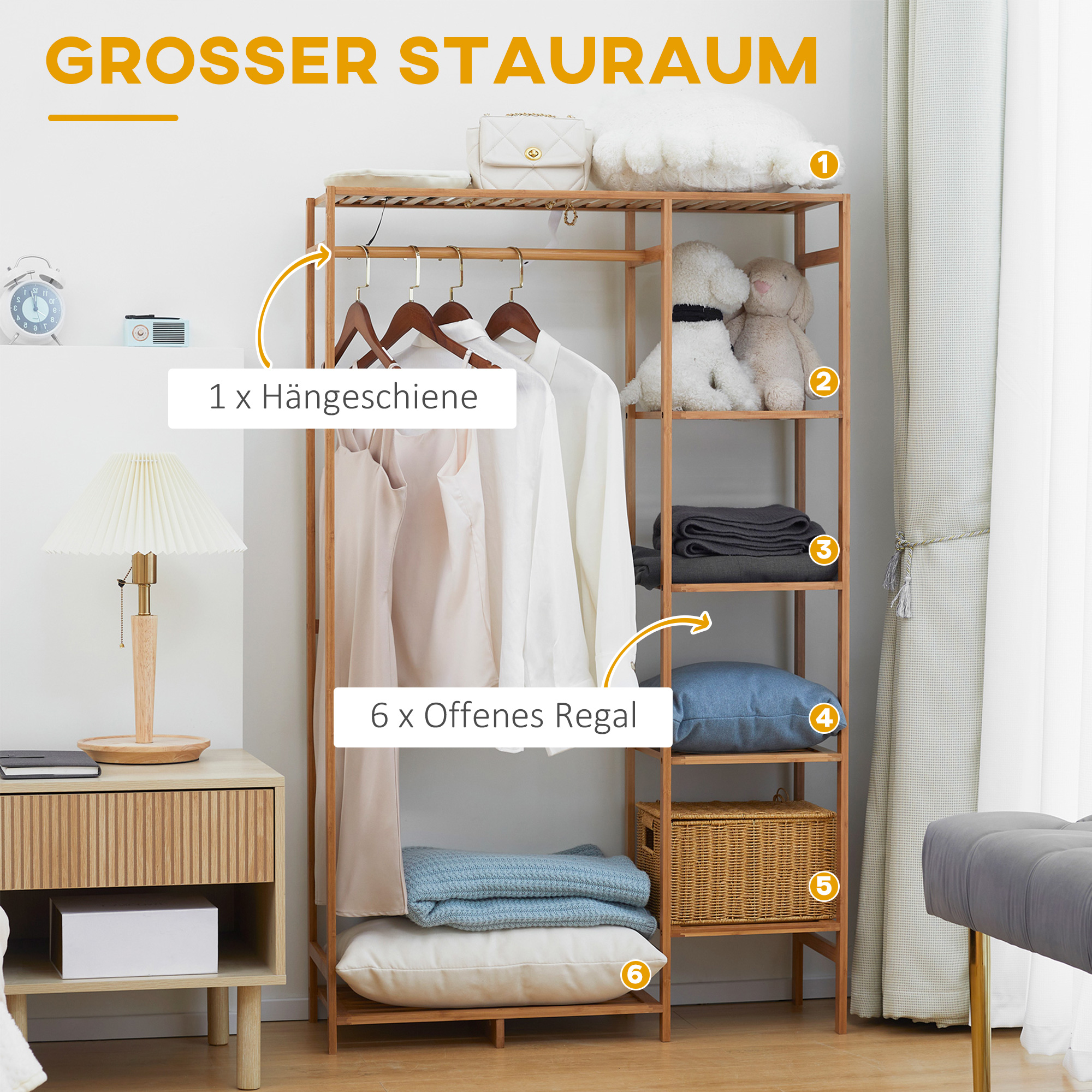 Kleiderständer Garderobenständer mit Kleiderstange, Schuhablag, Regal, Garderobe aus Bambus Naturholz